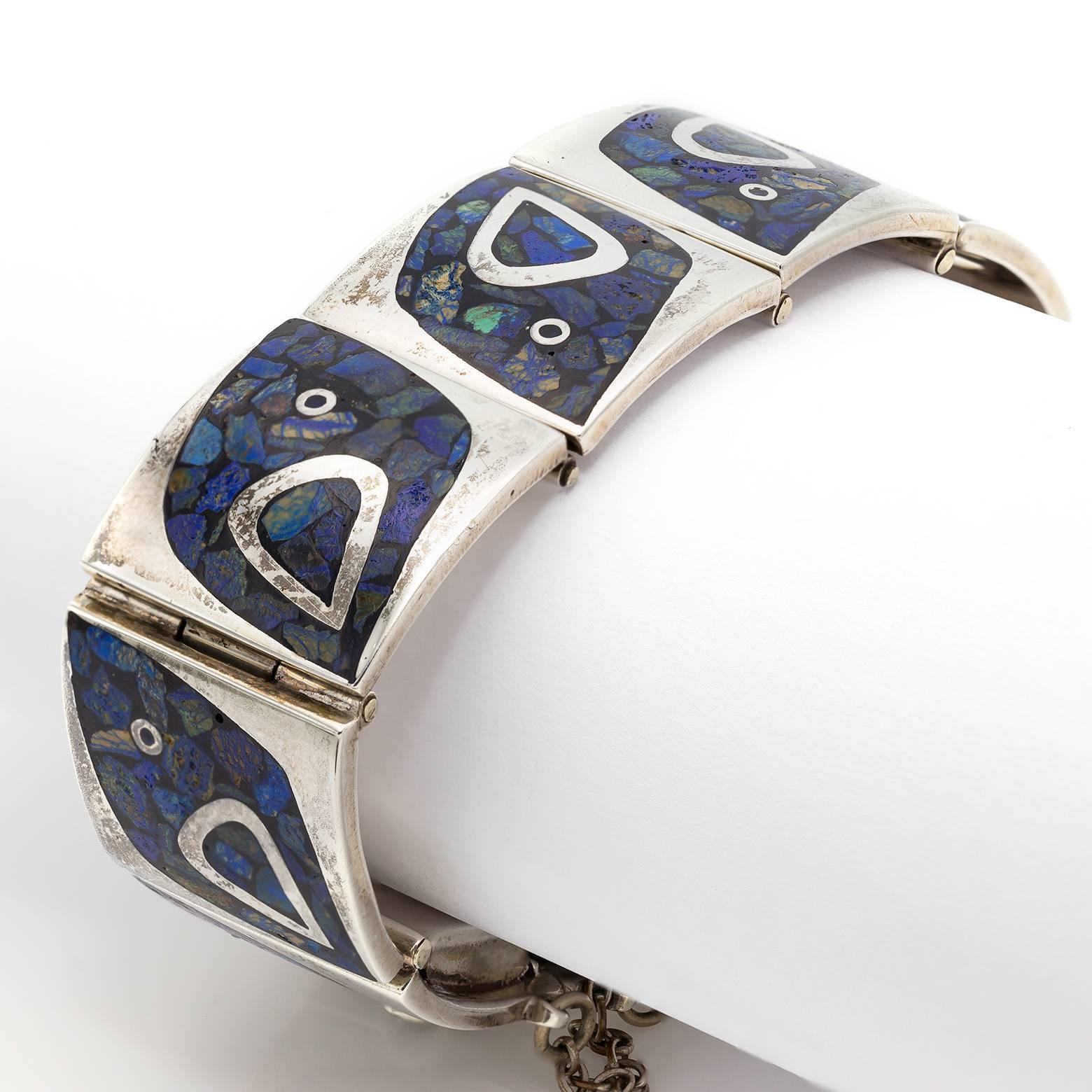 Women's or Men's Mexican Sterling Silver Link Bracelet with Lapis Inlay