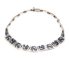 Handmade Mexican Sterling Silver Link Necklace with Lapis and Chrysicola Inlay