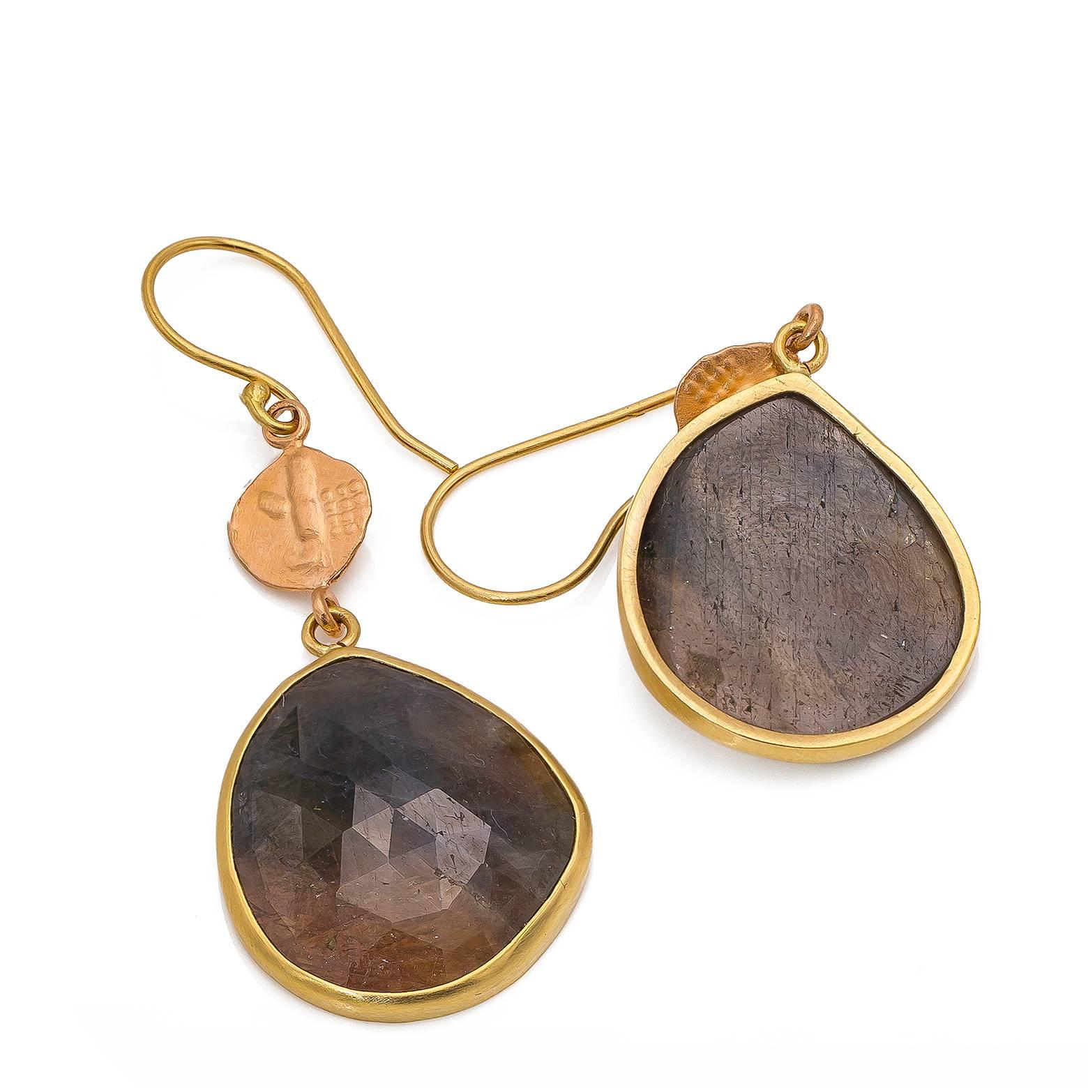Modern Rose Cut Sapphires with 'Ancient' Coins in 14 Karat Rose Gold Earrings