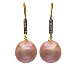 Pink Baroque Pearls on Gold Vermeil and Diamond Wire Earrings