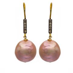 Pink Baroque Pearls on Gold Vermeil and Diamond Wire Earrings 12