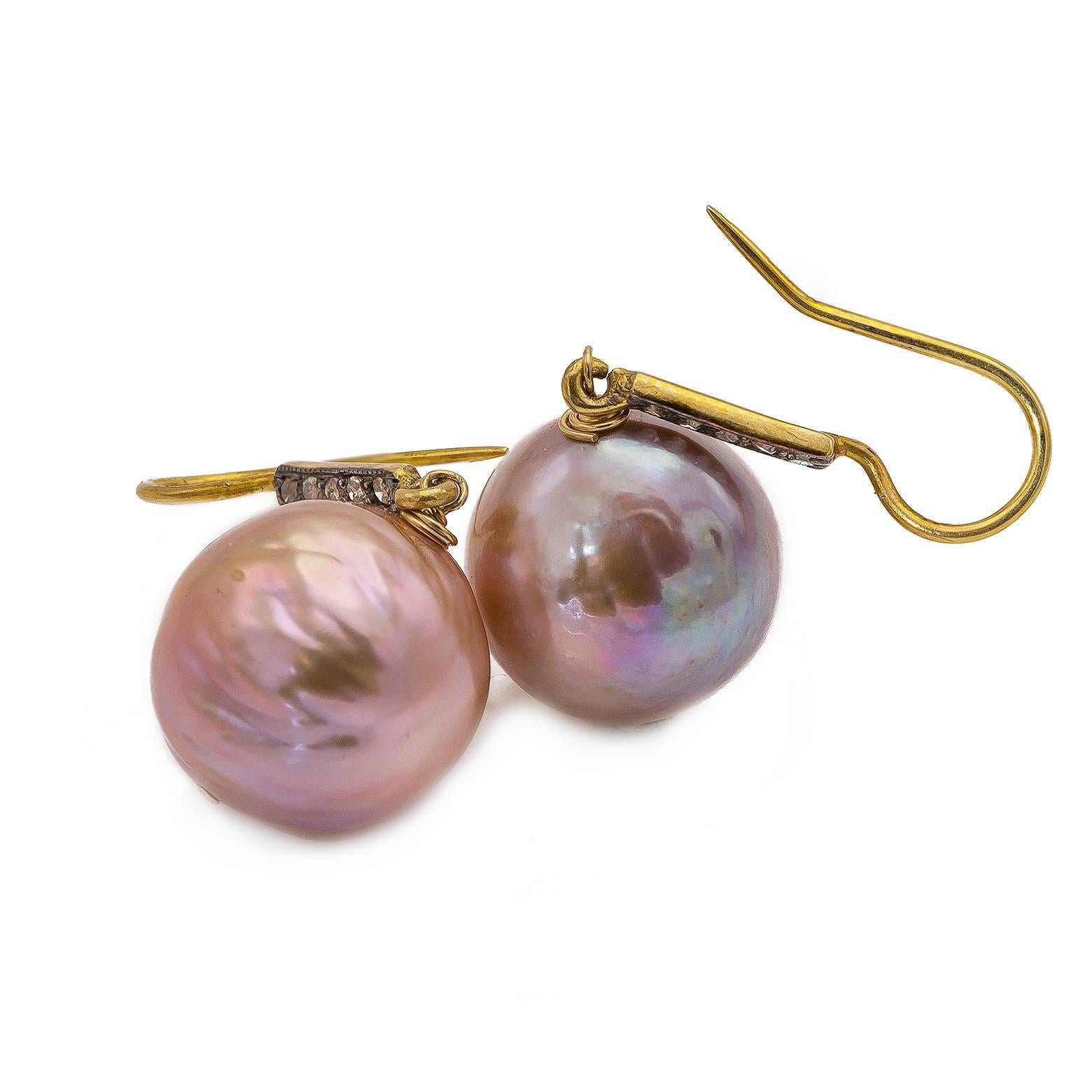 Pink Baroque Pearls on Gold Vermeil and Diamond Wire Earrings In Excellent Condition In Berkeley, CA