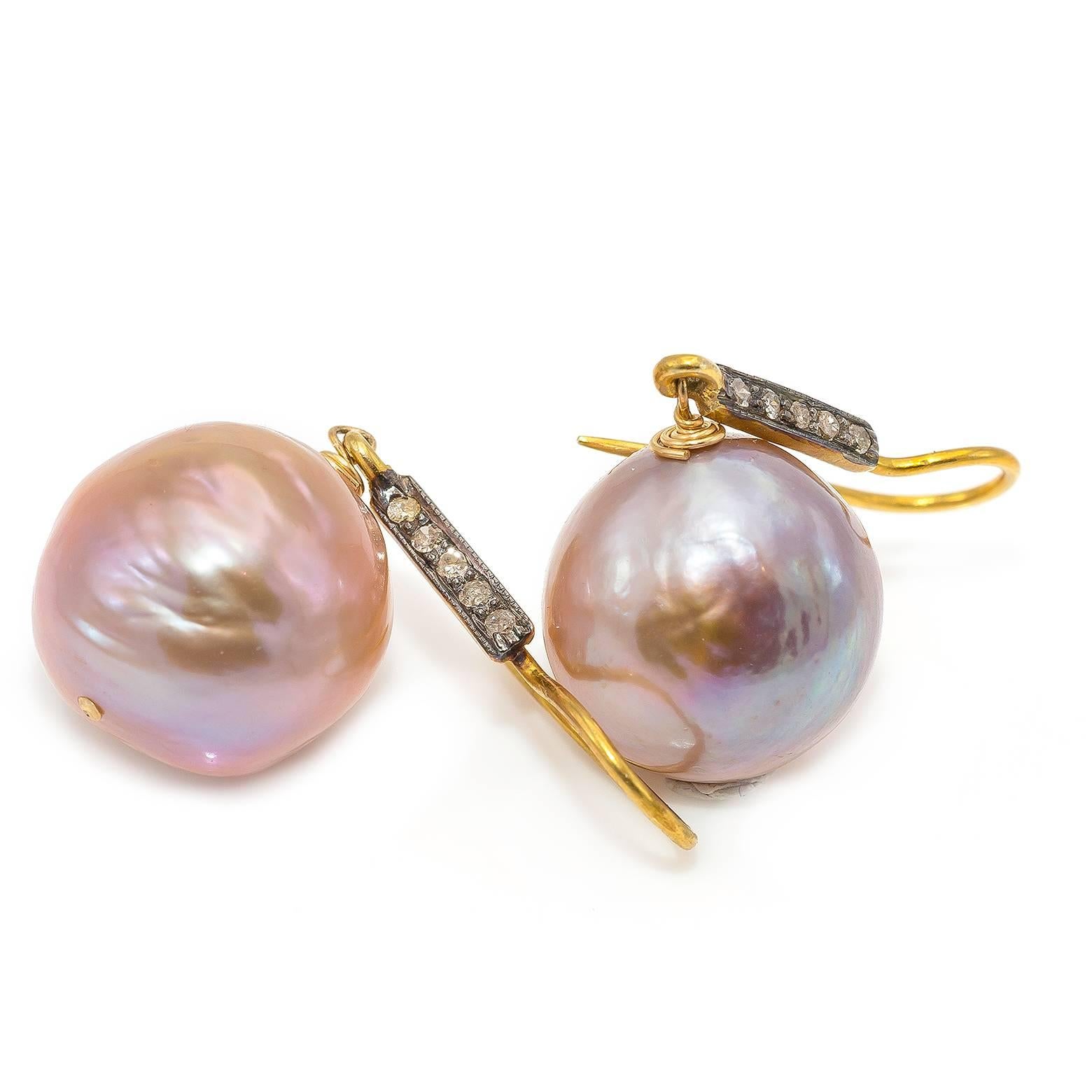 Women's Pink Baroque Pearls on Gold Vermeil and Diamond Wire Earrings