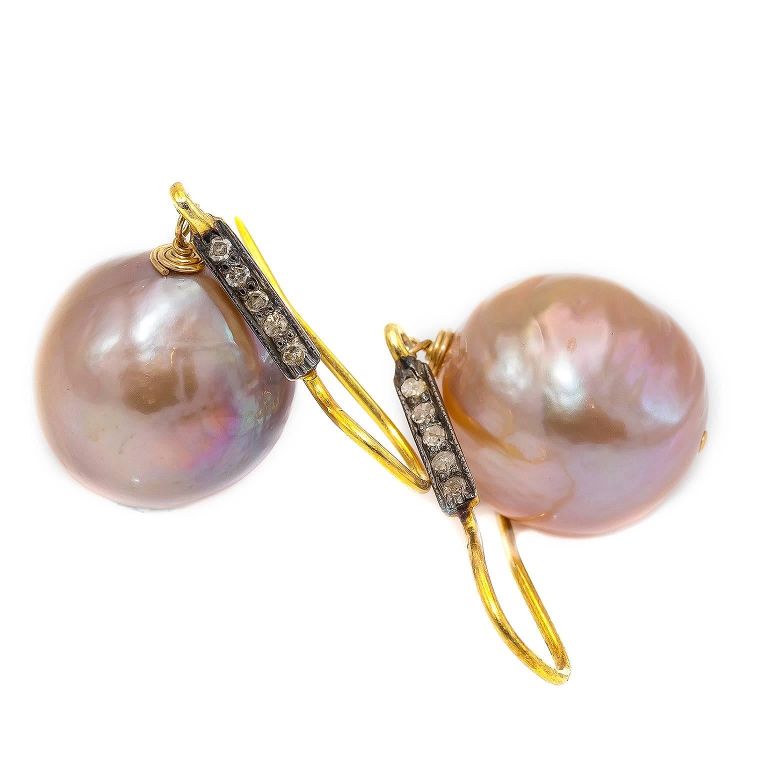 Modern Pink Baroque Pearls on Gold Vermeil and Diamond Wire Earrings