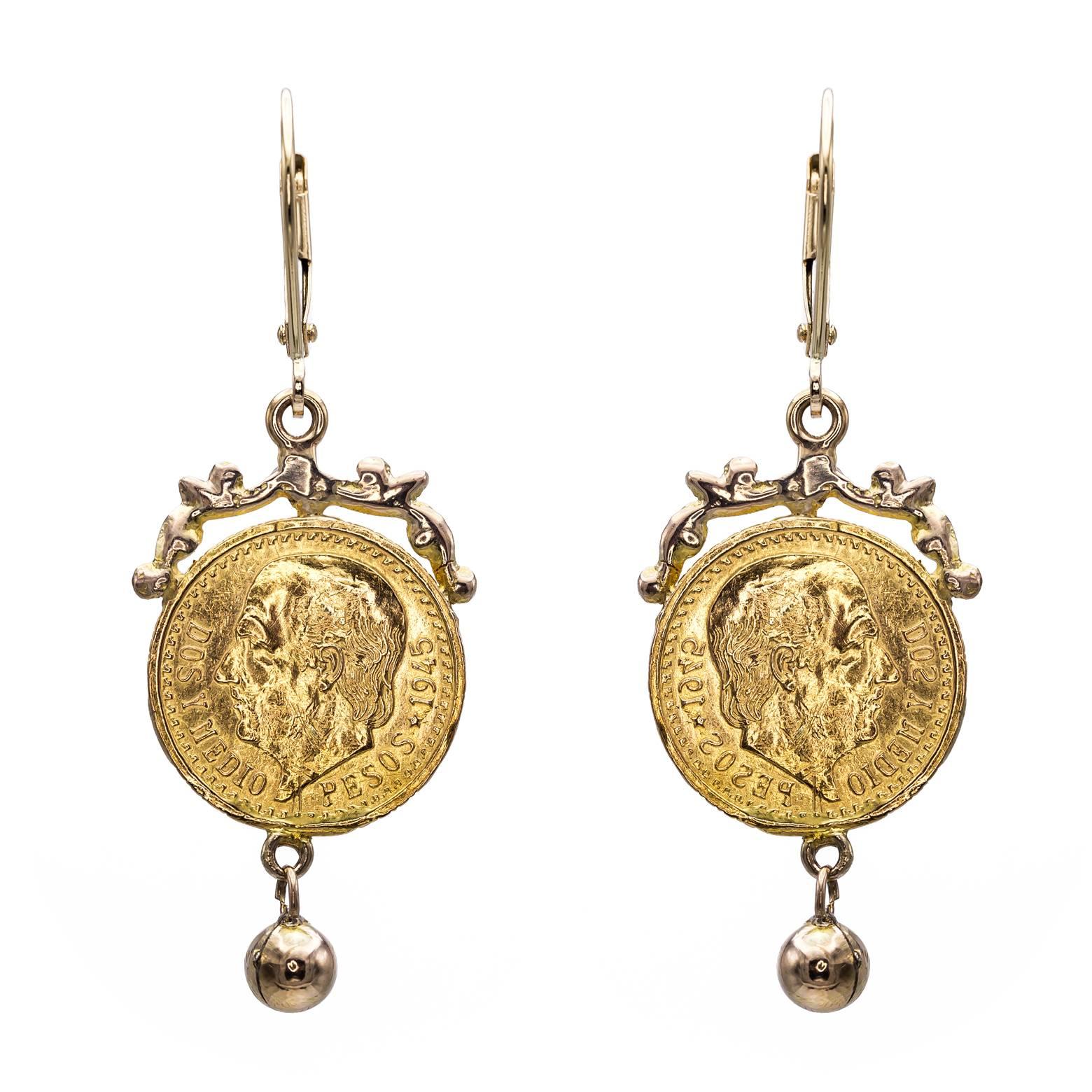 22 Karat Gold Coin Drop Earrings with 14 Karat Gold Embellishment