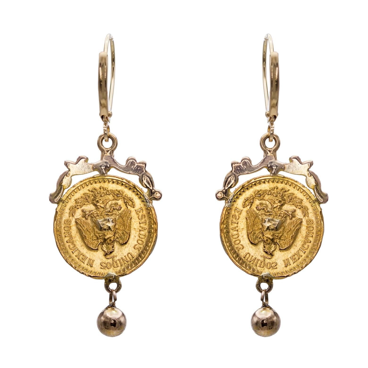 Contemporary 22 Karat Gold Coin Drop Earrings with 14 Karat Gold Embellishment