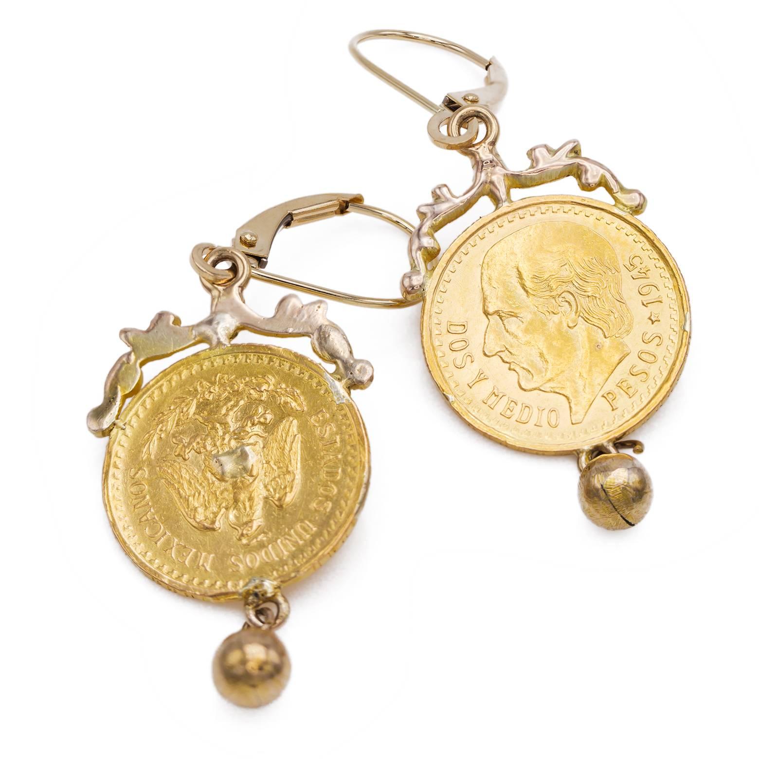 22 Karat Gold Coin Drop Earrings with 14 Karat Gold Embellishment In Excellent Condition In Berkeley, CA