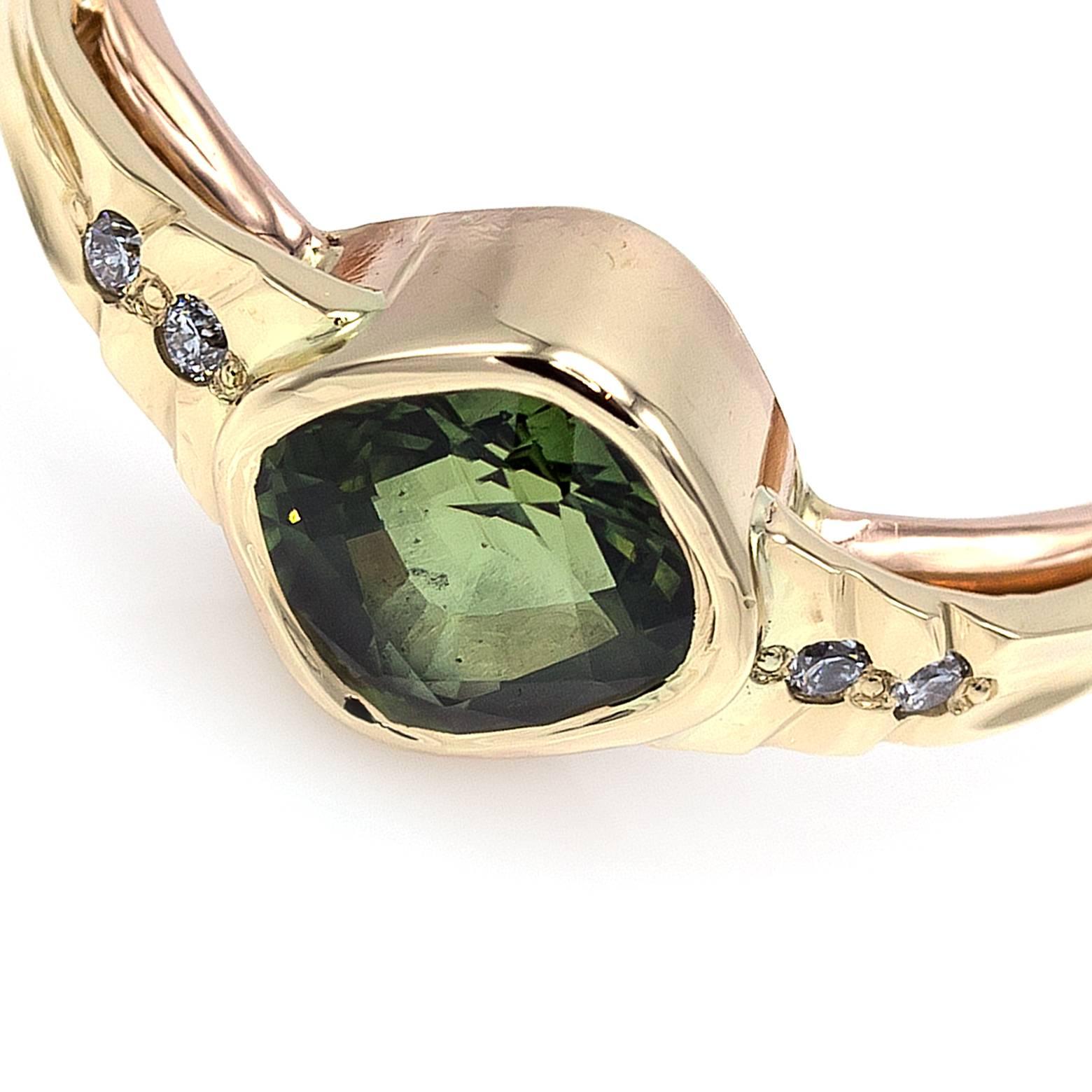 Women's Green Sapphire Cushion Shape Ring with Four White Accent Diamonds Rose Gold