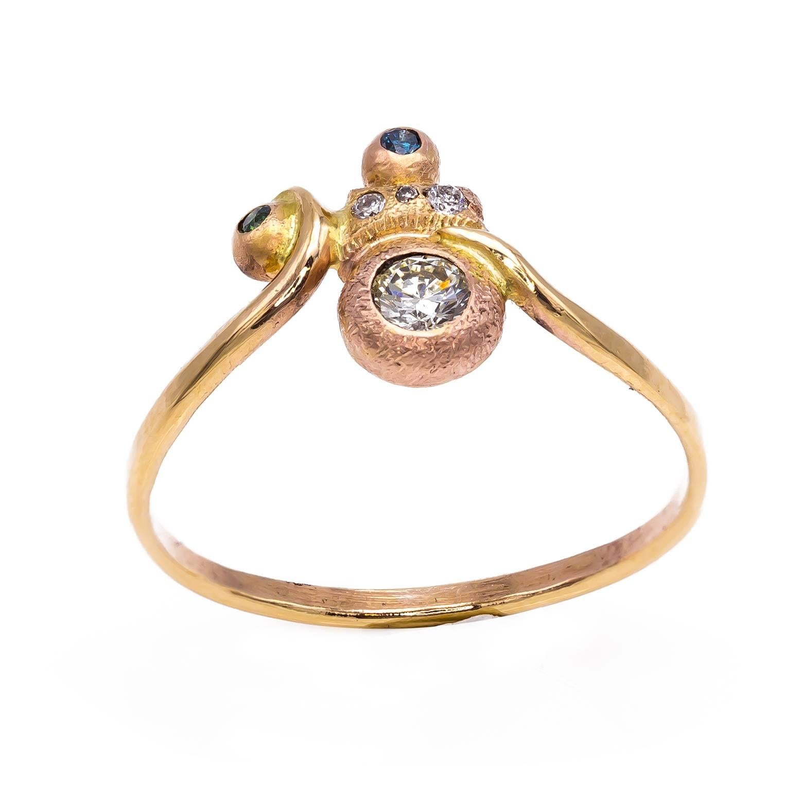 Artistic White Green and Blue Diamond Ring in Rose Gold 3