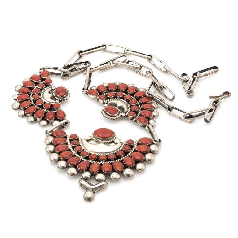 Native American Coral Sterling Silver Fan Necklace For Sale at 1stdibs