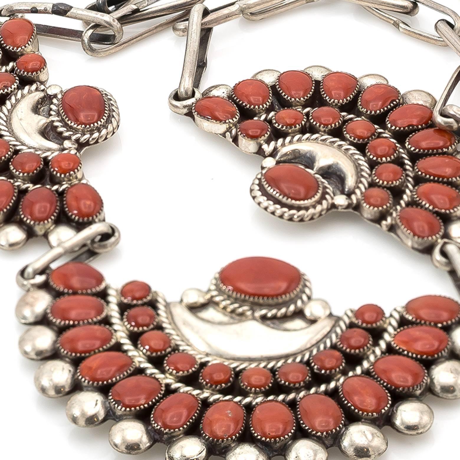 Native American Coral Sterling Silver Fan Necklace In Excellent Condition In Berkeley, CA