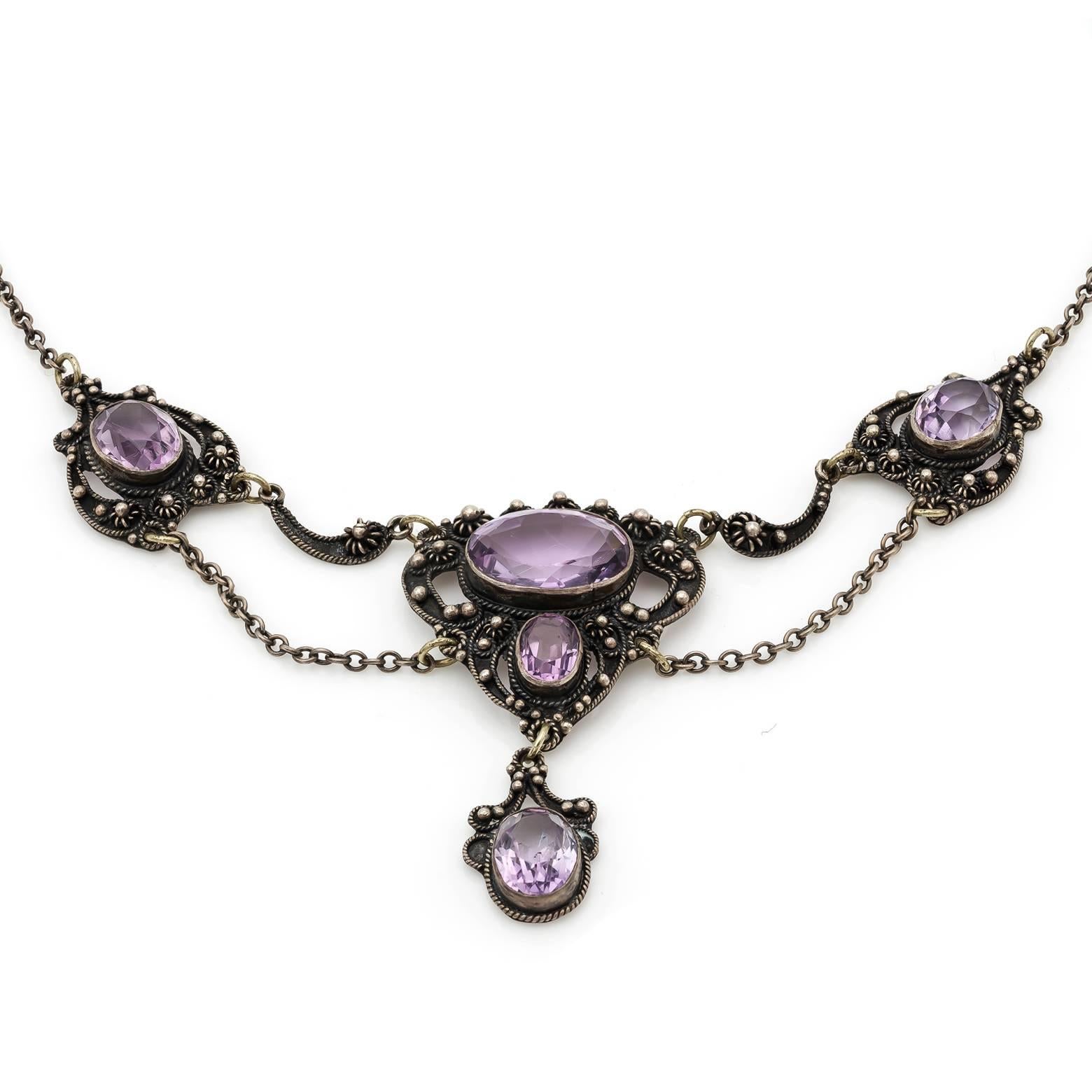 Renaissance Revival Amethyst Sterling Silver Filigree Necklace In Excellent Condition In Berkeley, CA