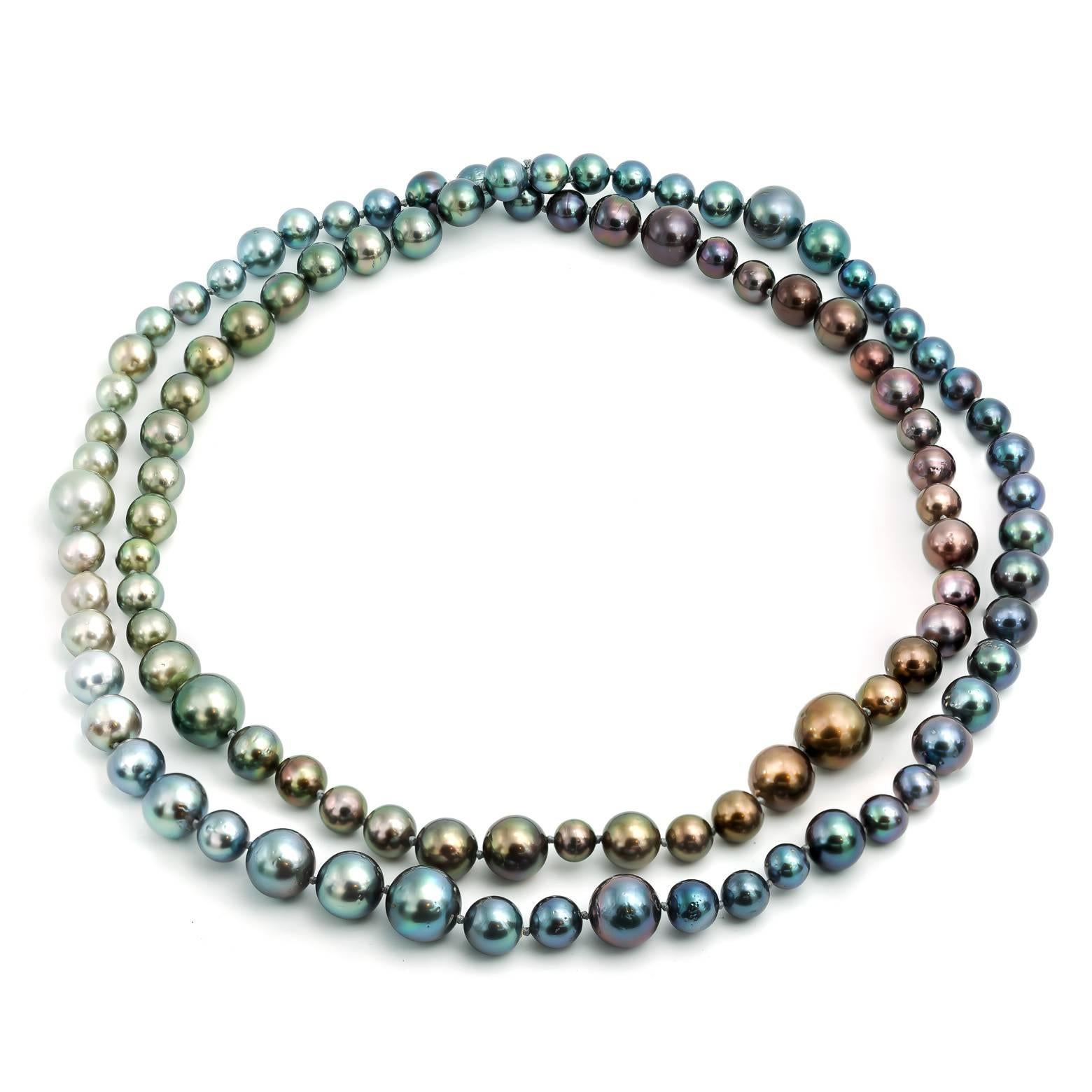 Modern Long Tahitian South Sea Rainbow Pearl Necklace in Every Natural Color