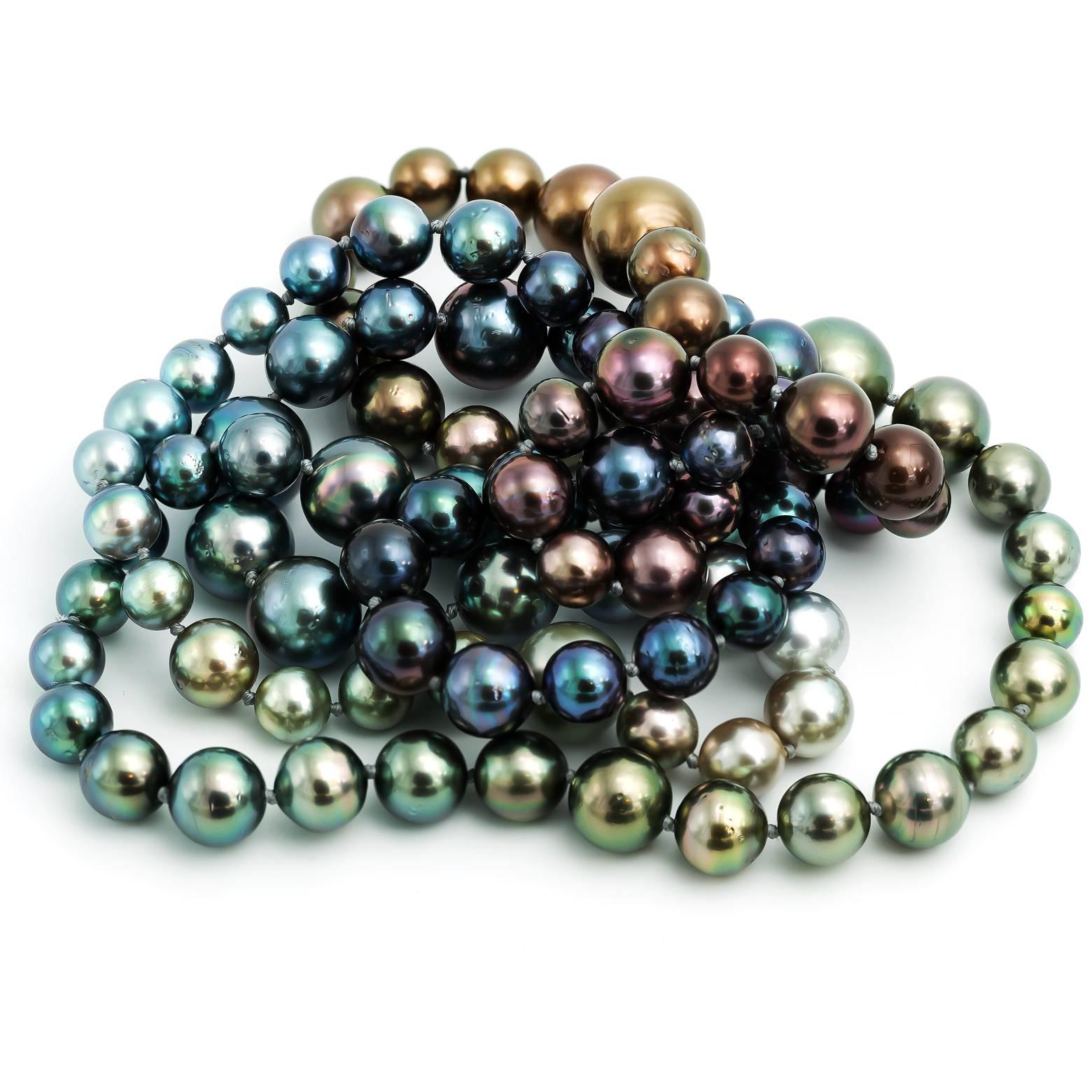 Long Tahitian South Sea Rainbow Pearl Necklace in Every Natural Color In Excellent Condition In Berkeley, CA