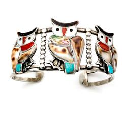 Sterling Silver Turquoise Shell Zuni Owl Cuff Bracelet