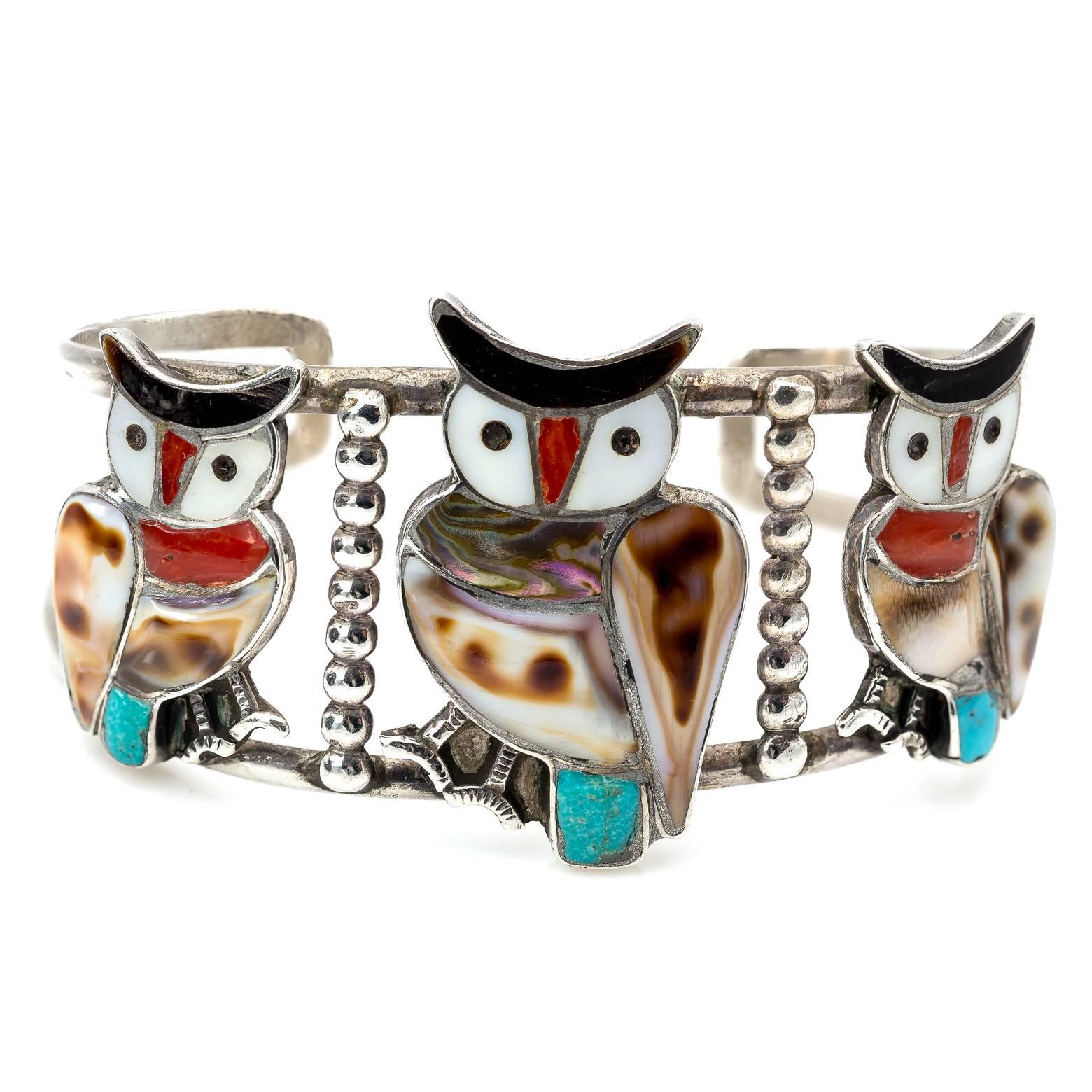 Native American Sterling Silver Turquoise Shell Zuni Owl Cuff Bracelet