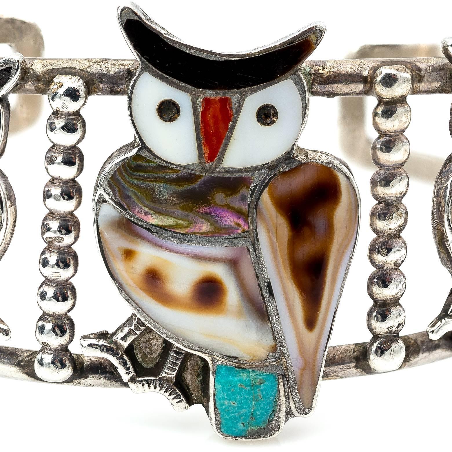 Sterling Silver Turquoise Shell Zuni Owl Cuff Bracelet In Excellent Condition In Berkeley, CA