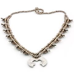 Zuni Inlay Squash Blossom Necklace in Sterling Silver with Turquoise and Coral