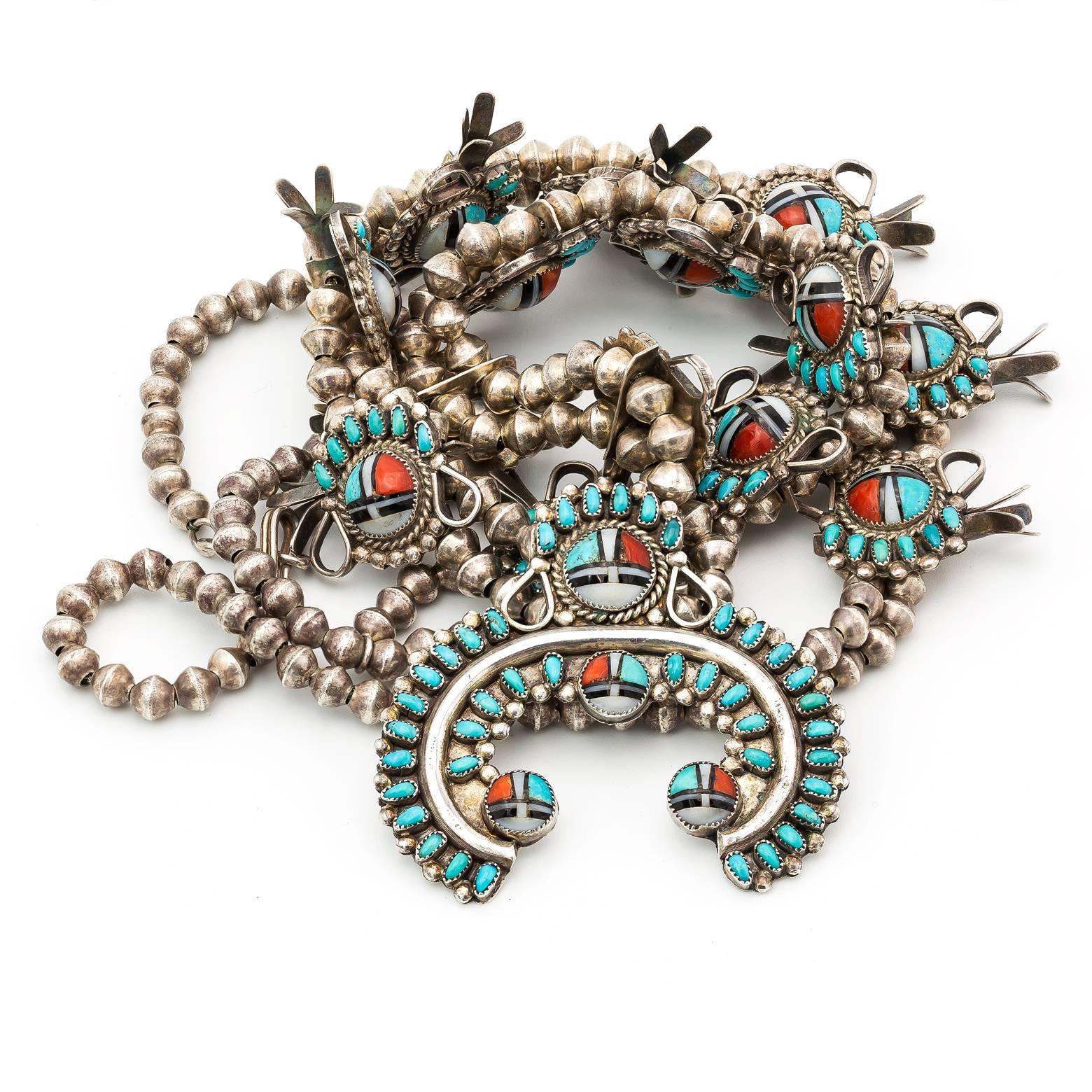 Native American Zuni Inlay Squash Blossom Necklace in Sterling Silver with Turquoise and Coral