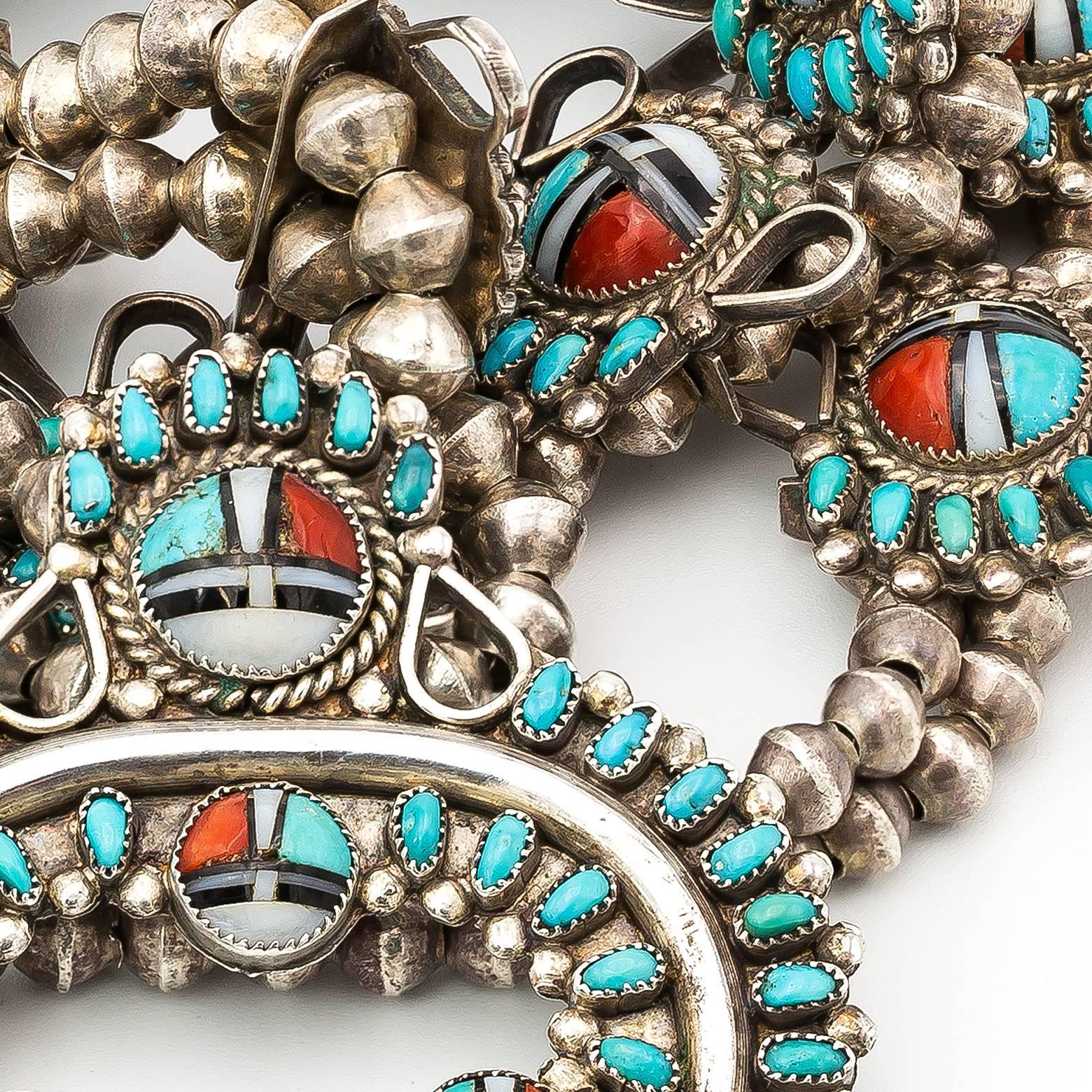 Zuni Inlay Squash Blossom Necklace in Sterling Silver with Turquoise and Coral In Excellent Condition In Berkeley, CA