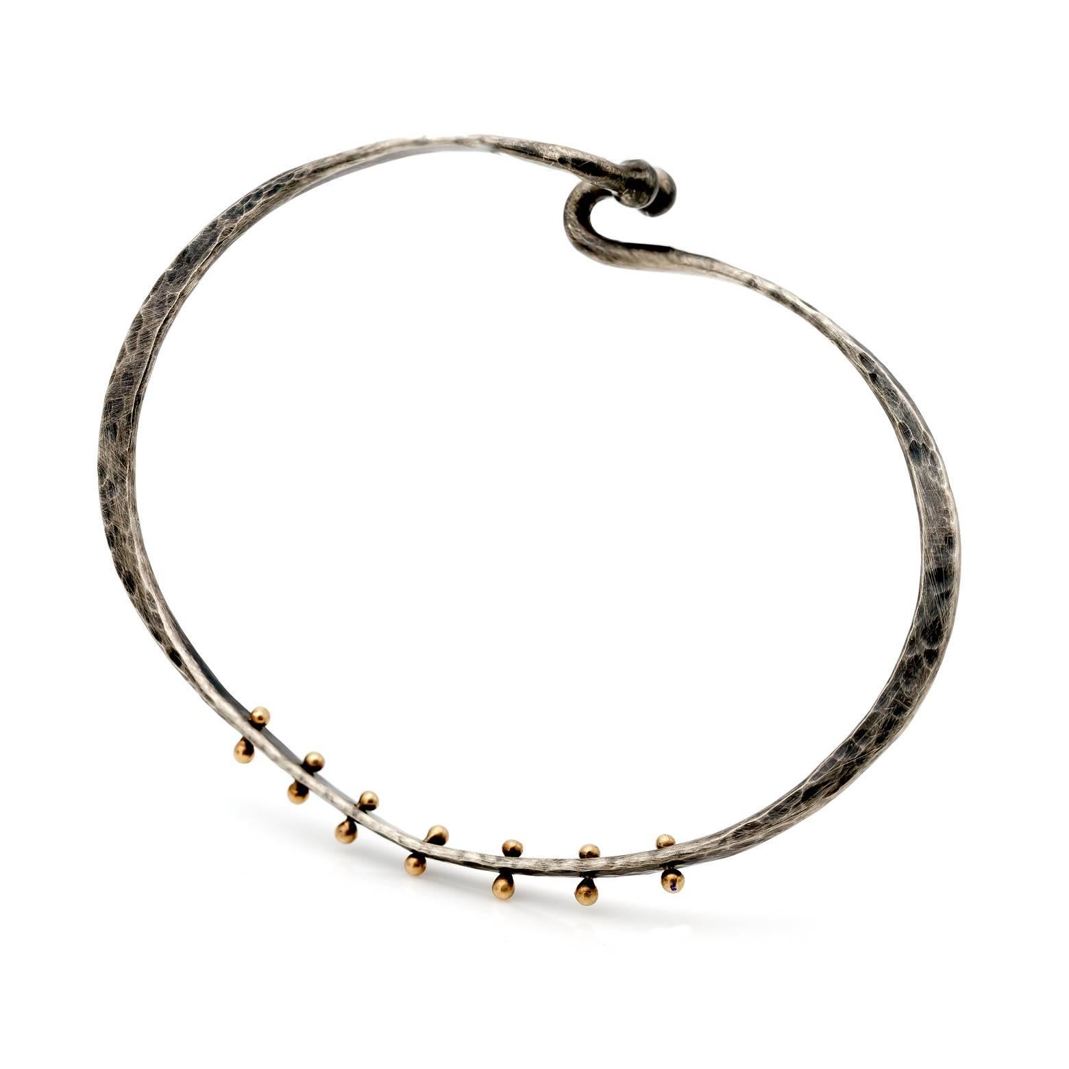 Modern Oxidized Hammered Sterling Silver Bangle with 14 Karat Yellow Gold Studs