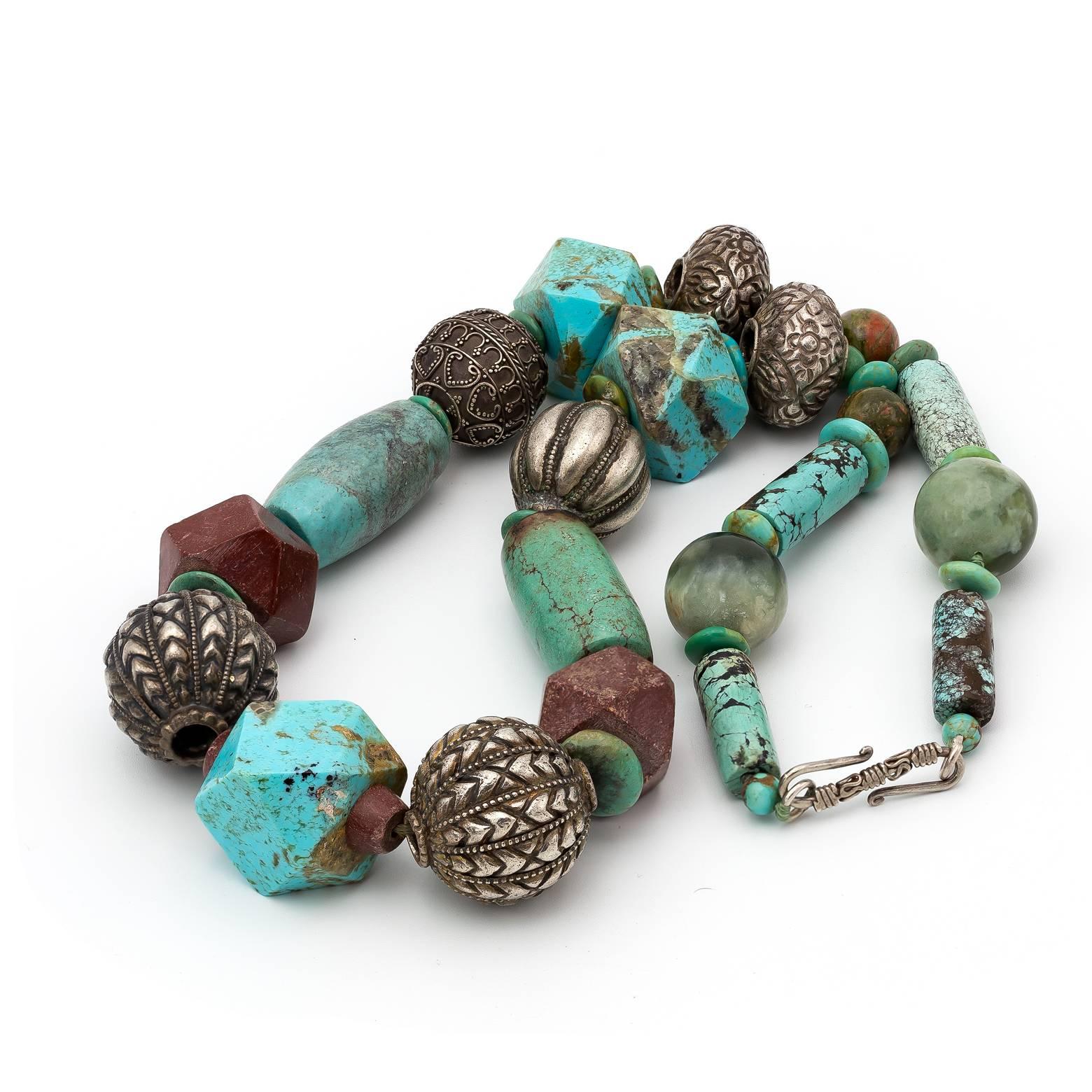 Turquoise and Red Jasper Large Beads Silver Necklace  In Excellent Condition In Berkeley, CA