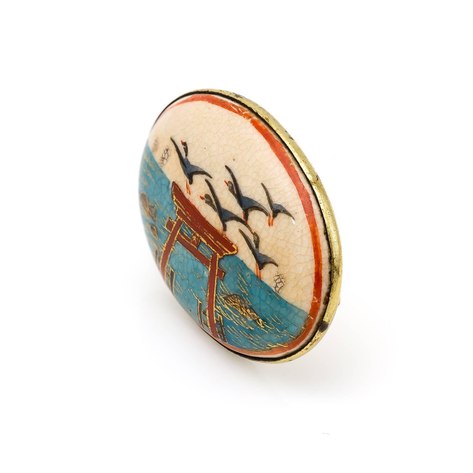 Artist Japanese Torii and Crane Pin in Enamel circa 1940s with Blues Reds and Golds