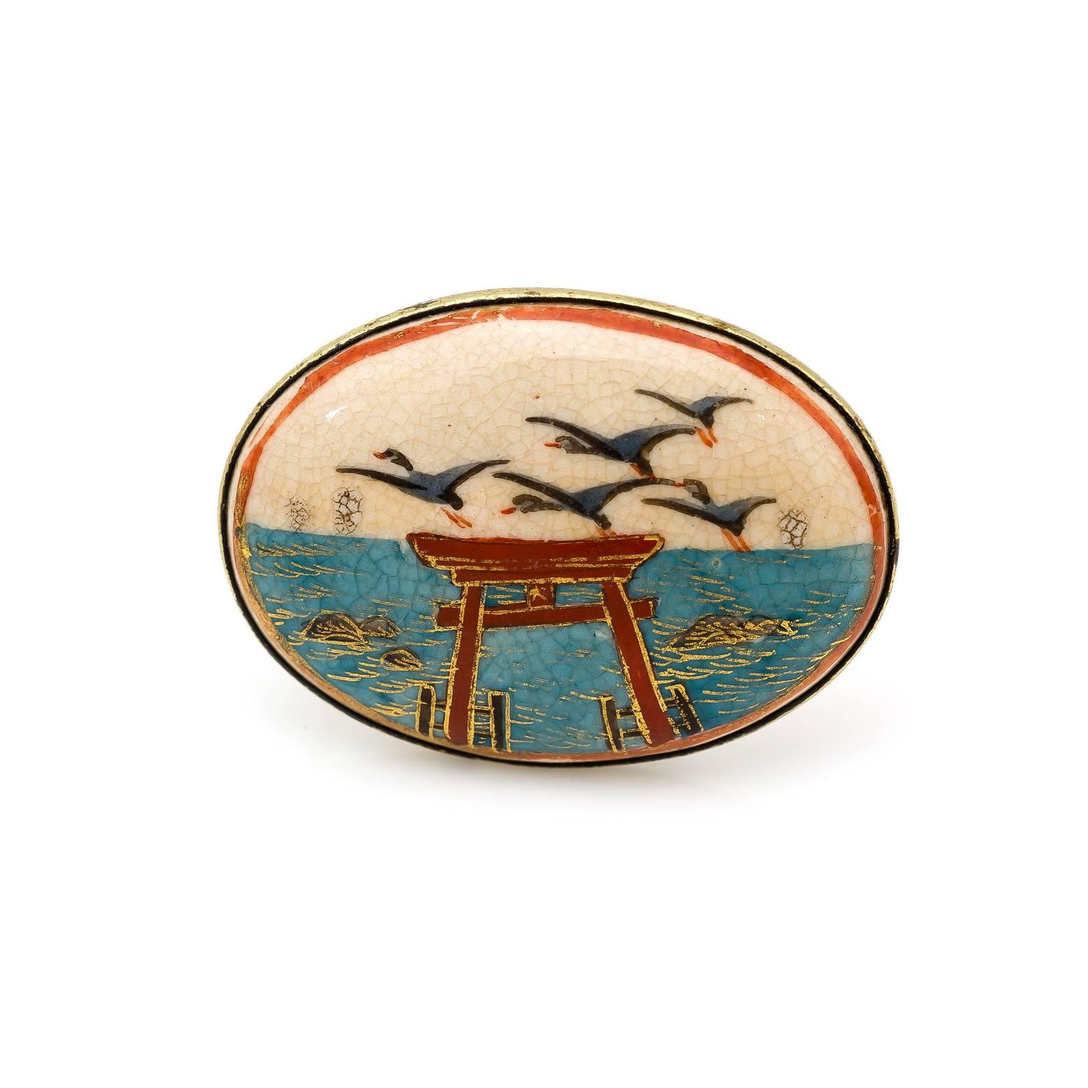 Japanese Torii and Crane Pin in Enamel circa 1940s with Blues Reds and Golds In Good Condition In Berkeley, CA