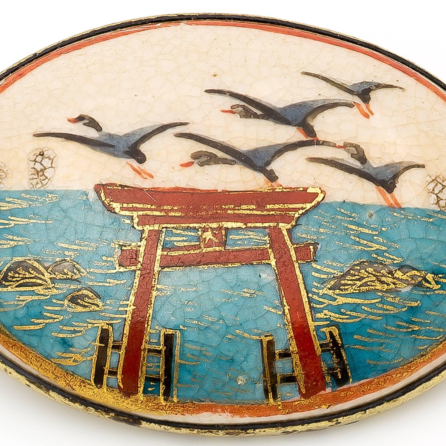 Women's or Men's Japanese Torii and Crane Pin in Enamel circa 1940s with Blues Reds and Golds