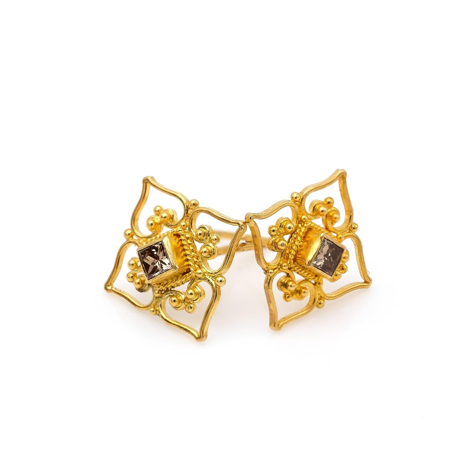 Women's Princess Cut Champagne Diamond and Yellow Gold Filigree Stud Earrings