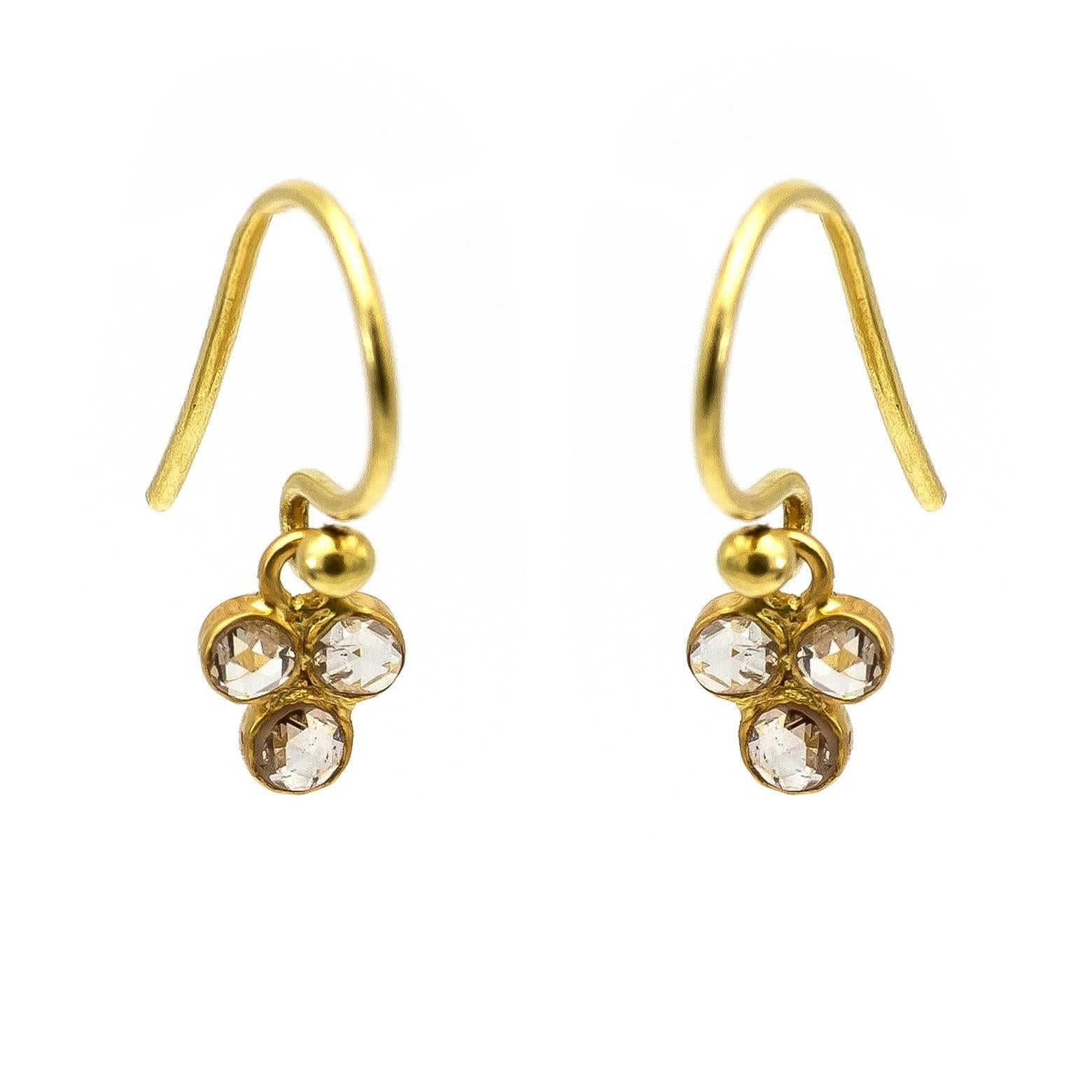 Modern Three Rose Cut Diamonds Yellow Gold Cluster Earrings  