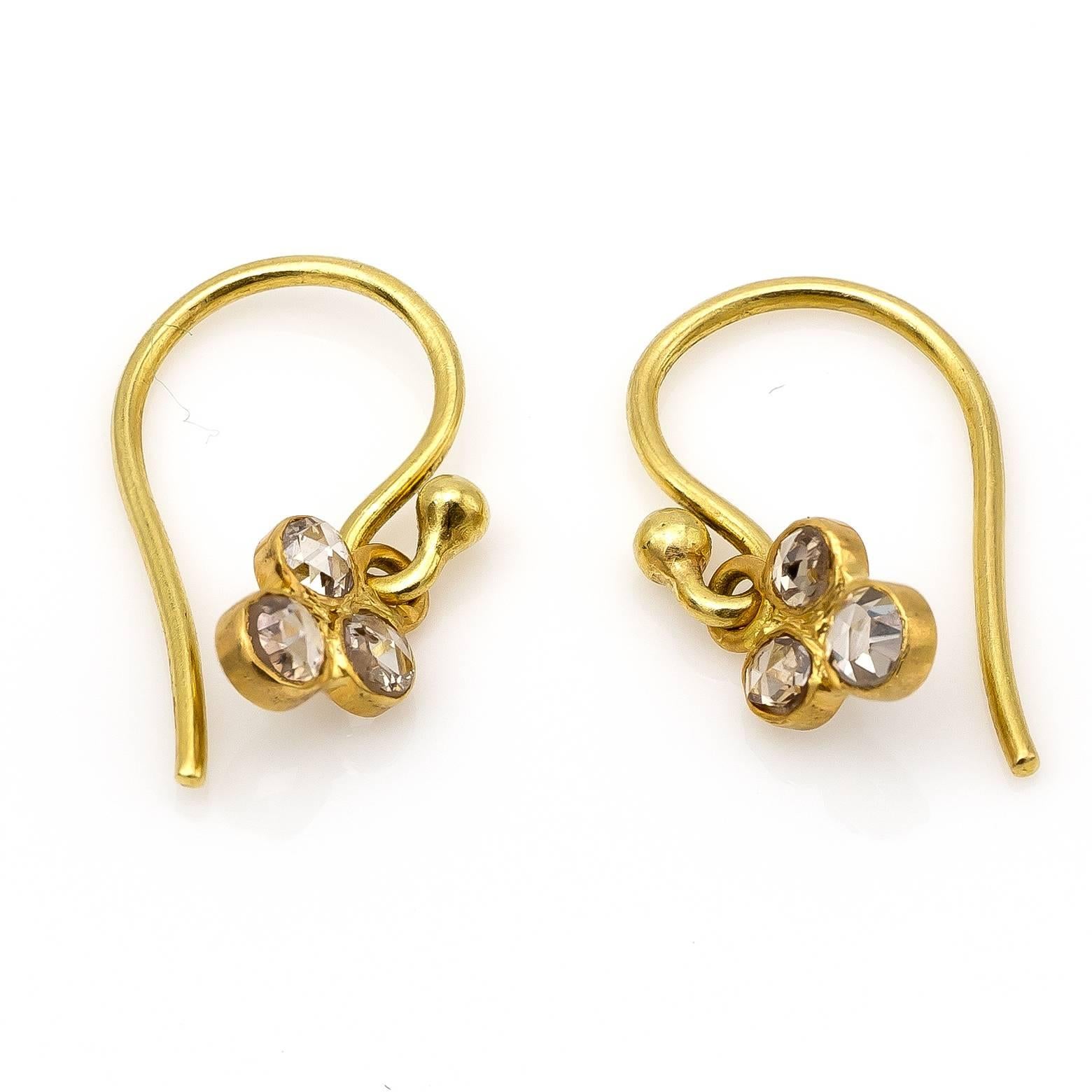 Women's Three Rose Cut Diamonds Yellow Gold Cluster Earrings  