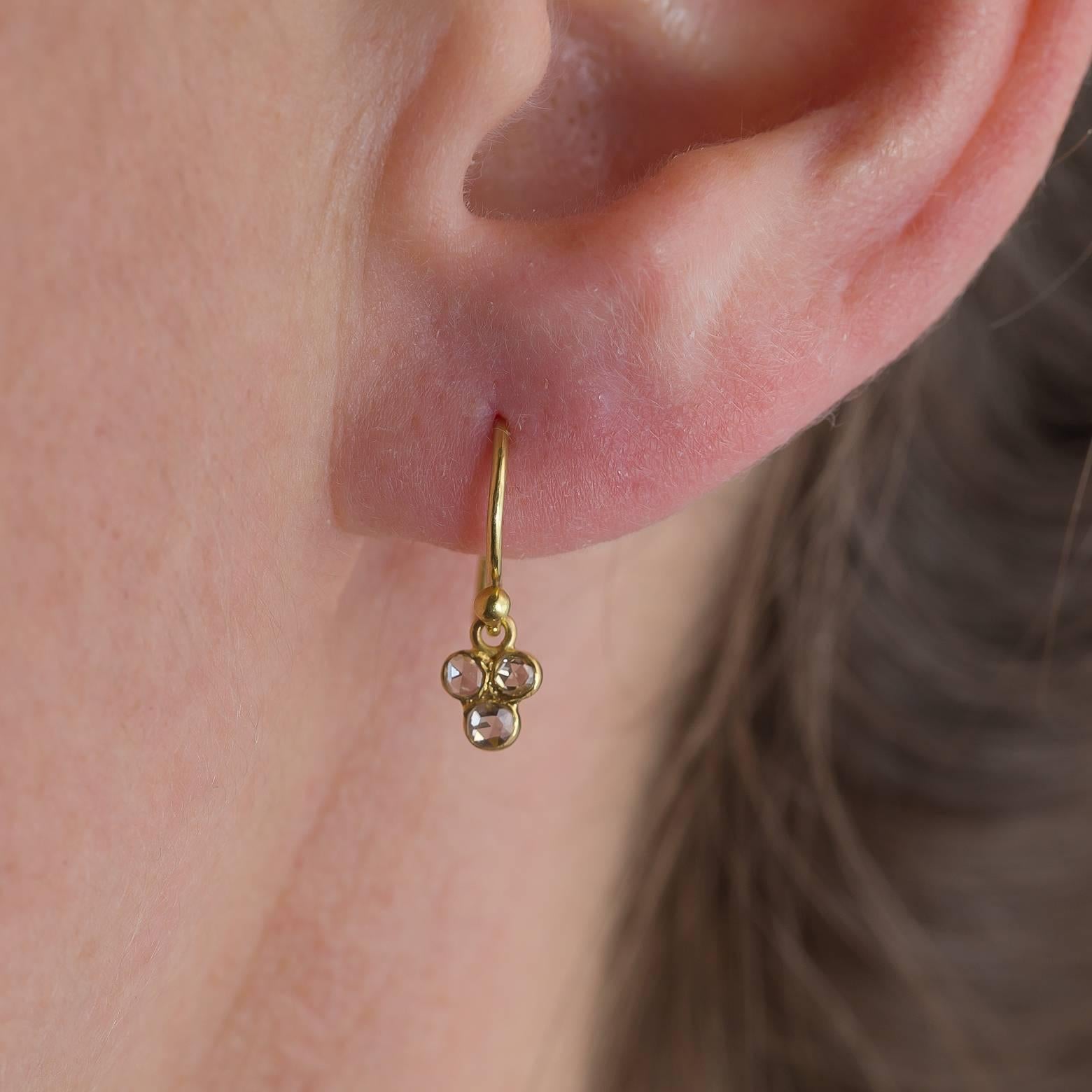 Three Rose Cut Diamonds Yellow Gold Cluster Earrings   2