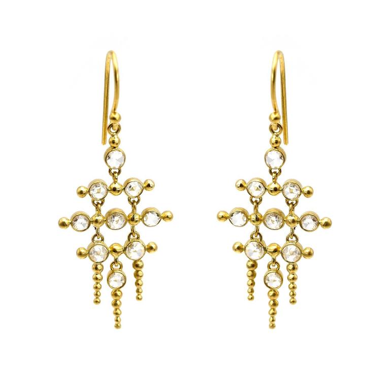 Round Rose Cut Diamond Gold Chandelier Earrings with Gold Pillars For ...