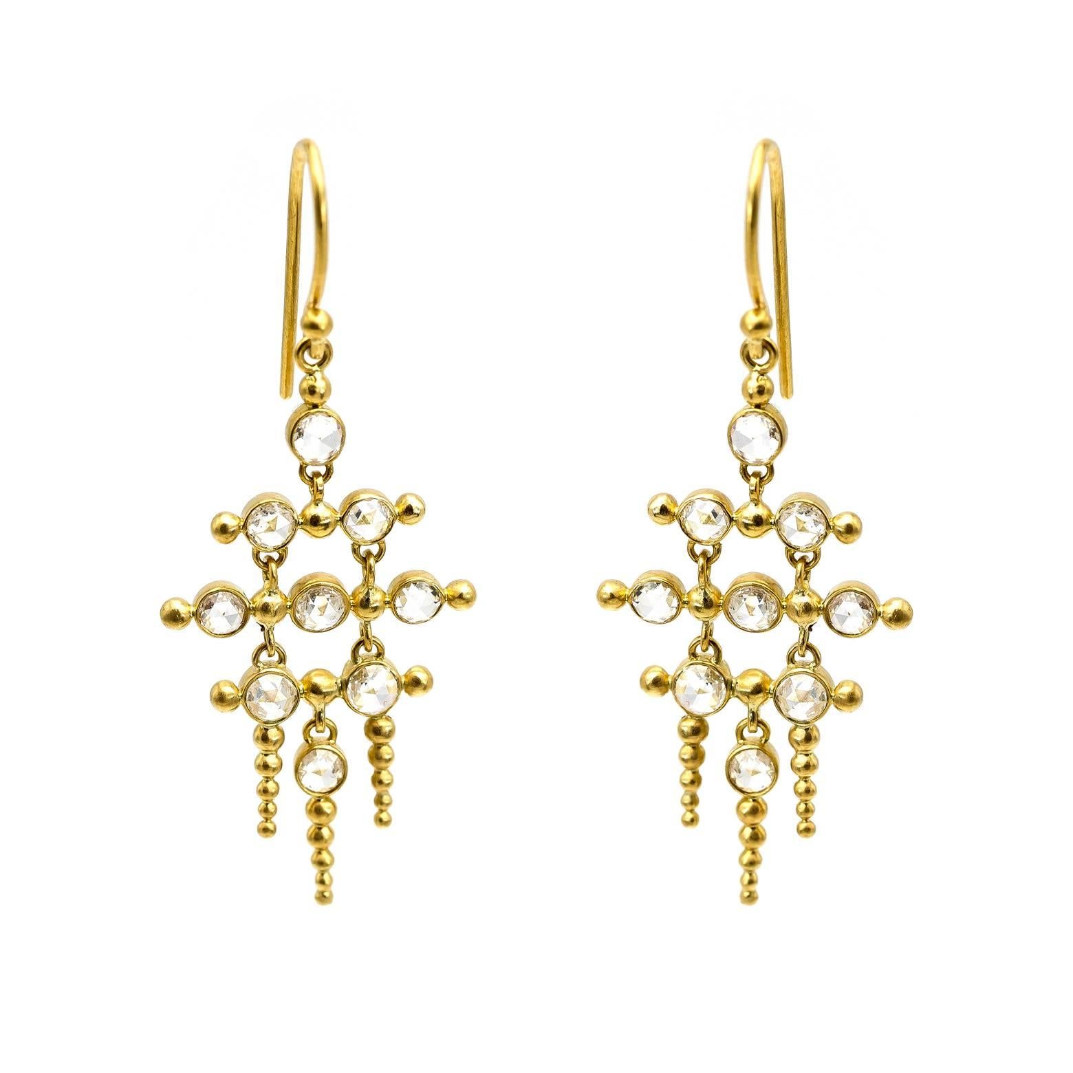 Round Rose Cut Diamond Gold Chandelier Earrings with Gold Pillars