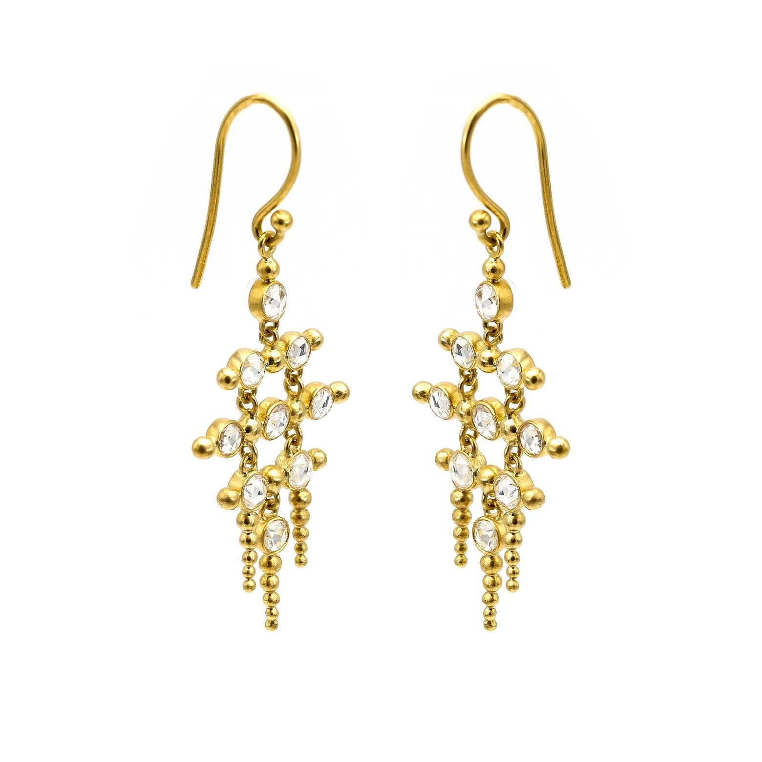 Modern Round Rose Cut Diamond Gold Chandelier Earrings with Gold Pillars