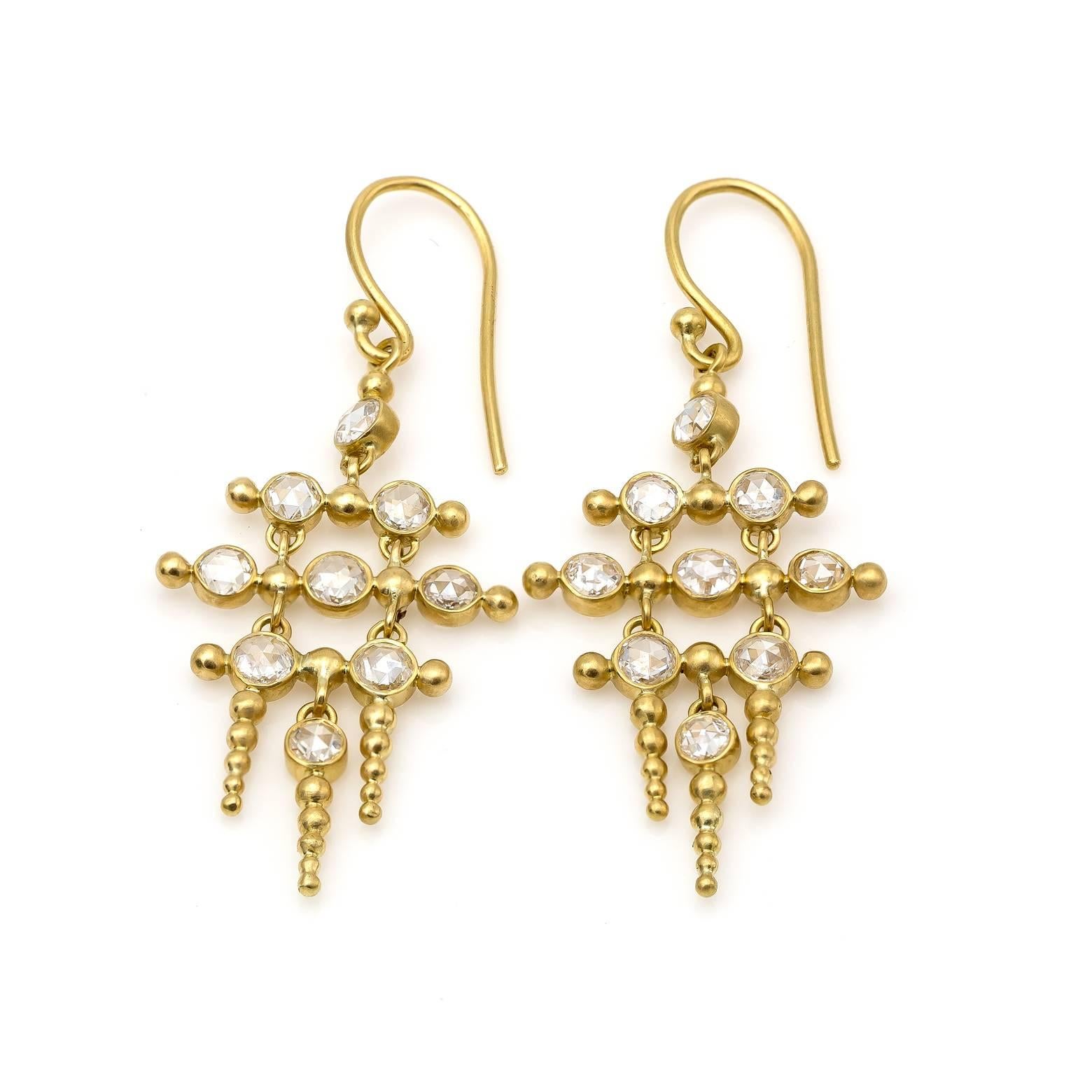 Round Rose Cut Diamond Gold Chandelier Earrings with Gold Pillars In Excellent Condition In Berkeley, CA