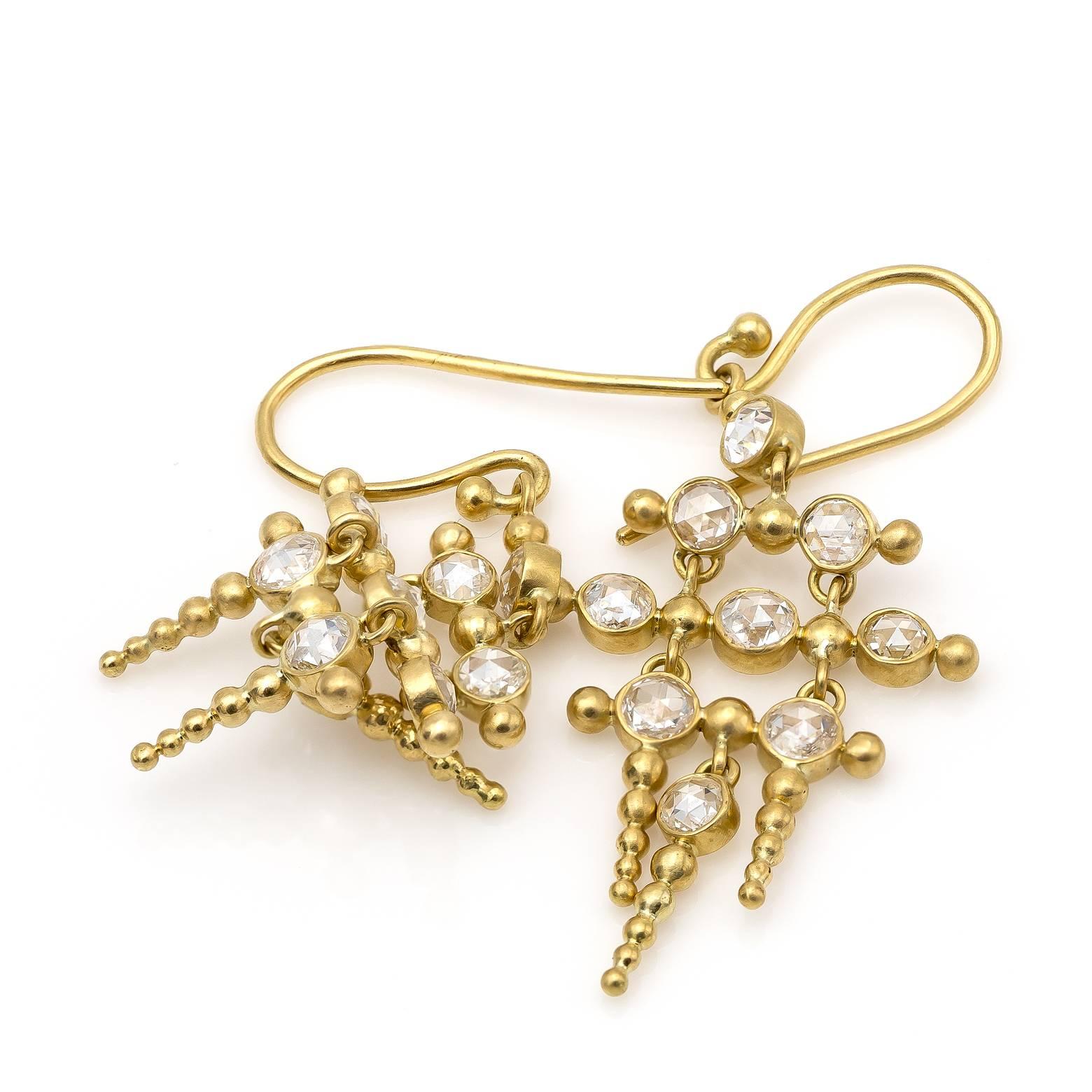 Women's Round Rose Cut Diamond Gold Chandelier Earrings with Gold Pillars