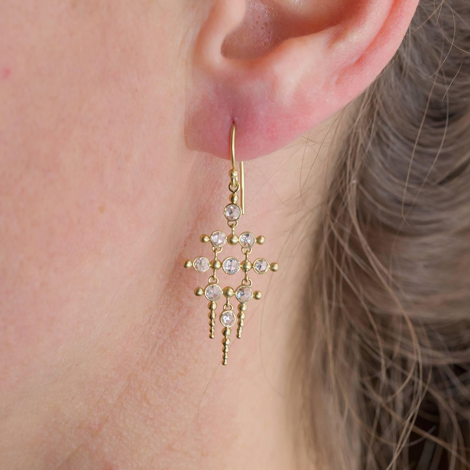 Round Rose Cut Diamond Gold Chandelier Earrings with Gold Pillars 2