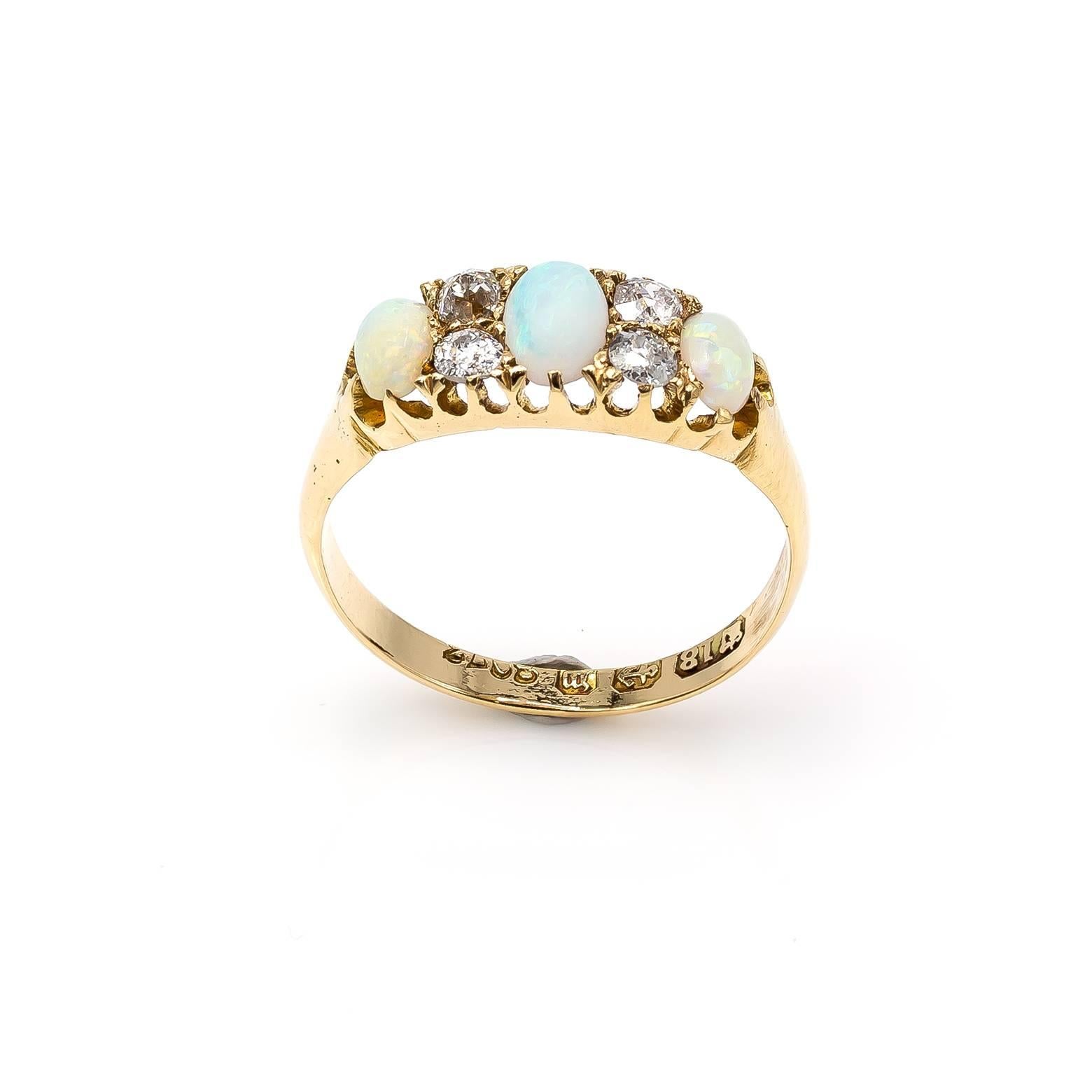 Antique Victorian Opal Diamond Yellow Gold Trilogy Ring 1