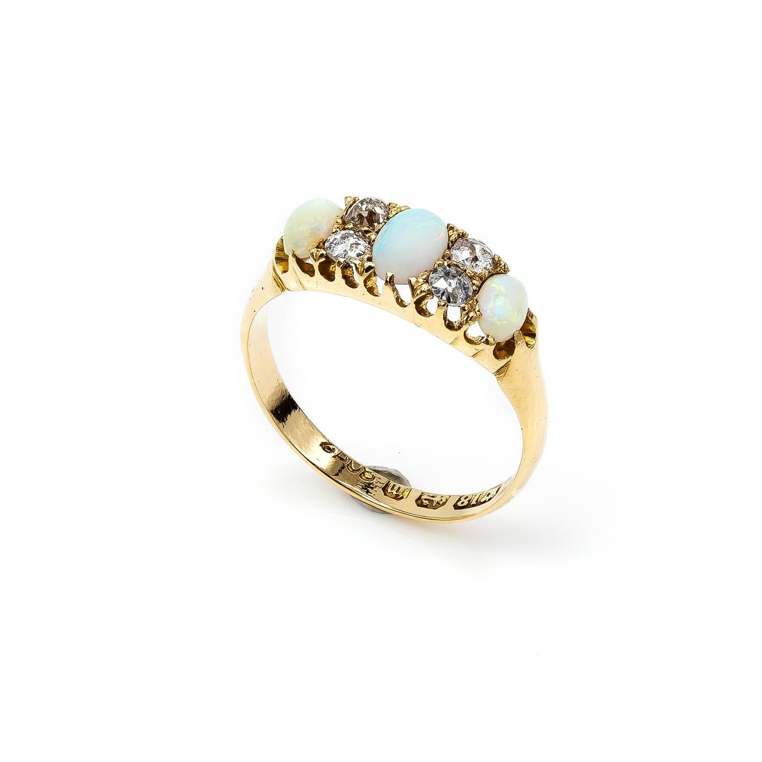 Antique Victorian Opal Diamond Yellow Gold Trilogy Ring 2