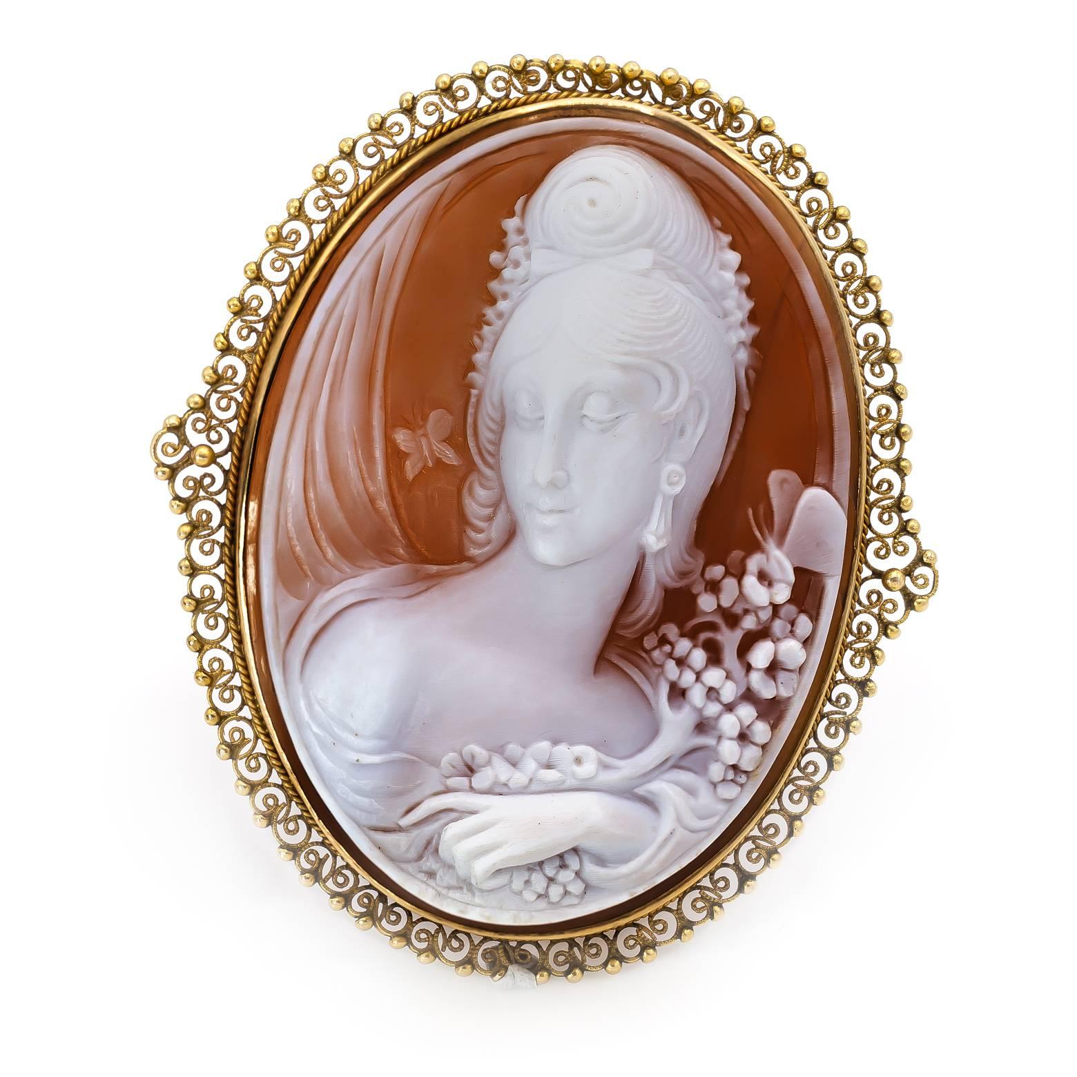 Edwardian Carved Shell Cameo 14KT Gold Filigree Pin Pendant Italy