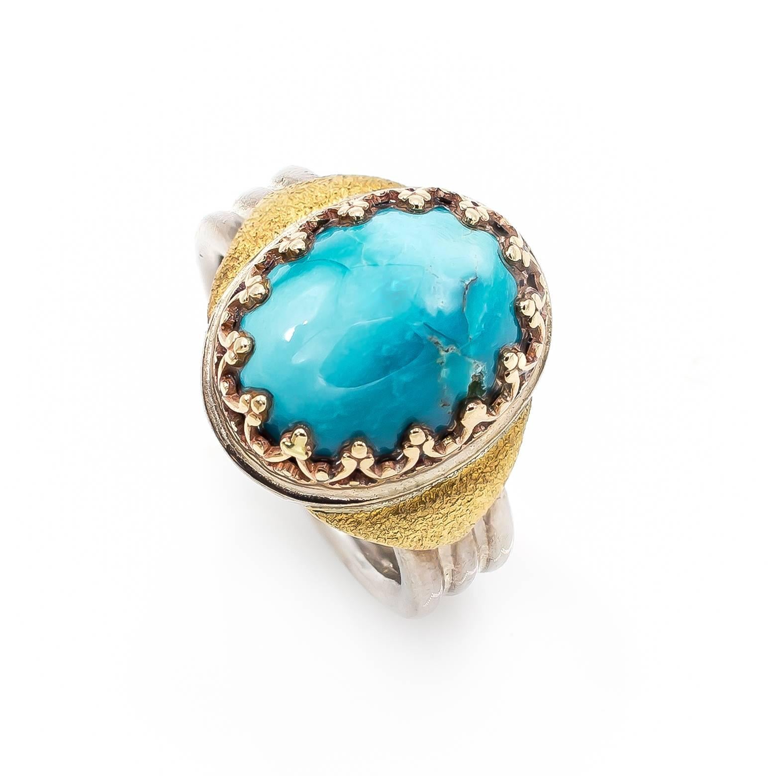 Oval Turquoise Yellow Gold Bezel Sterling Silver Band Ring In Excellent Condition In Berkeley, CA