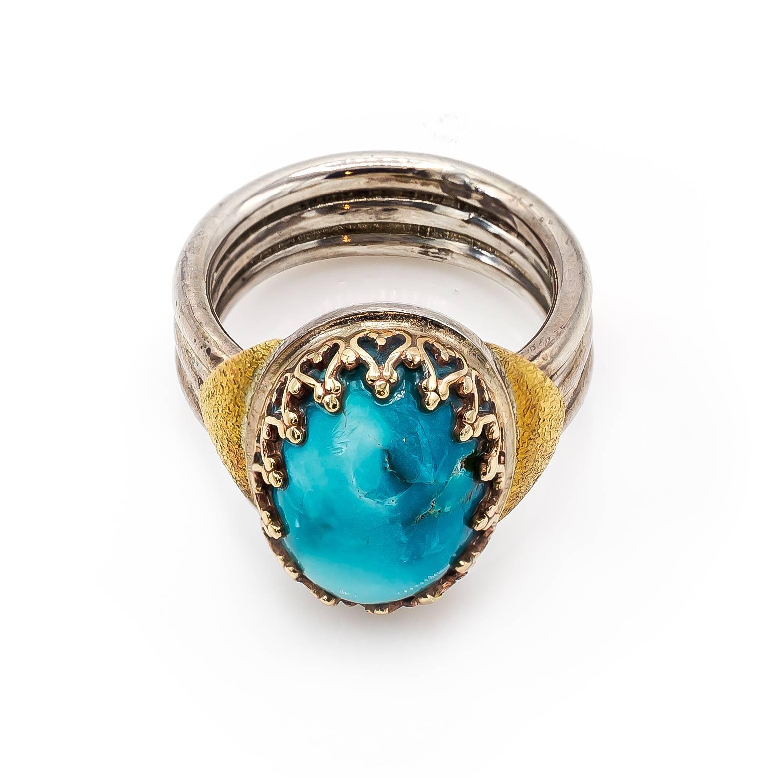 Oval Turquoise Yellow Gold Bezel Sterling Silver Band Ring 1
