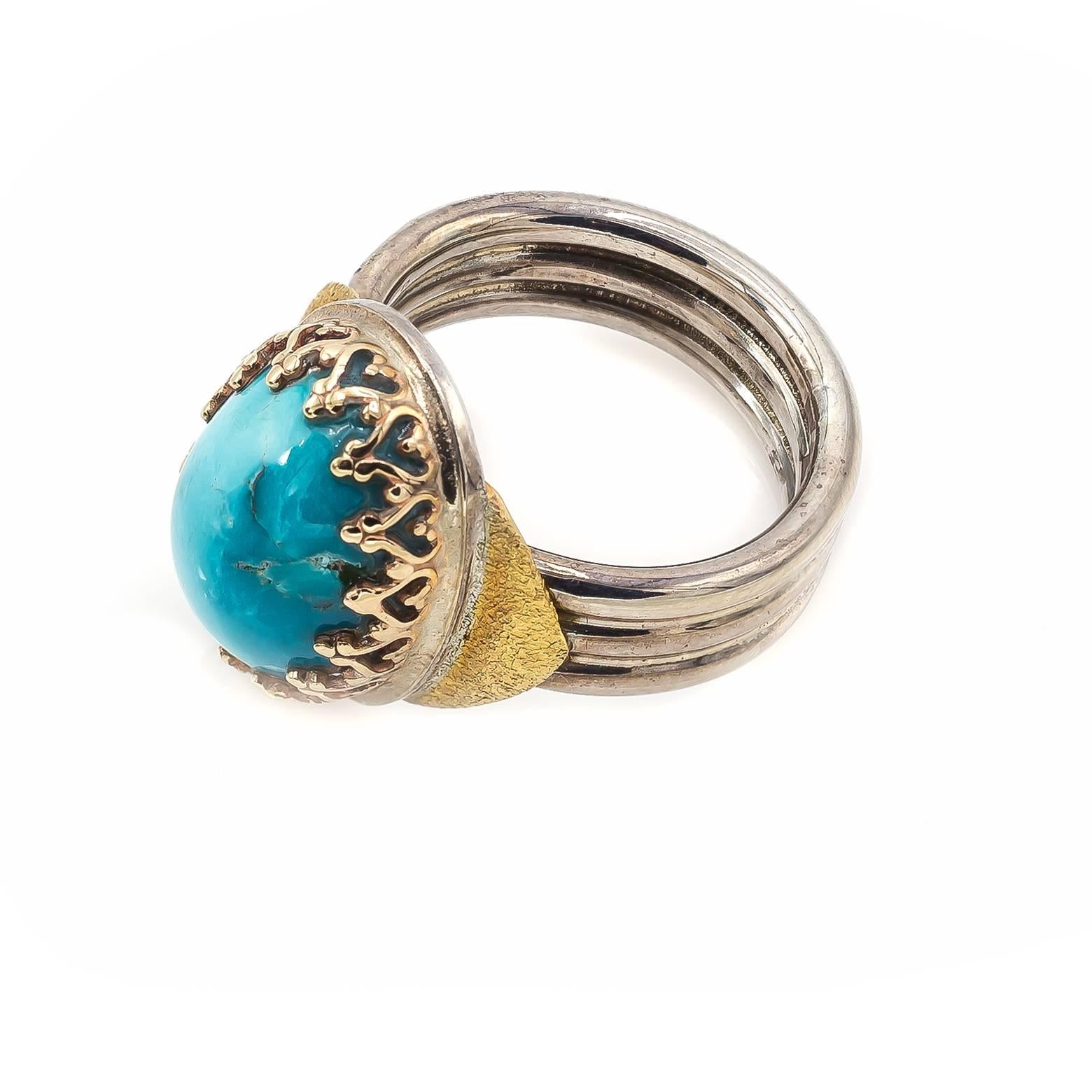 Oval Turquoise Yellow Gold Bezel Sterling Silver Band Ring 2