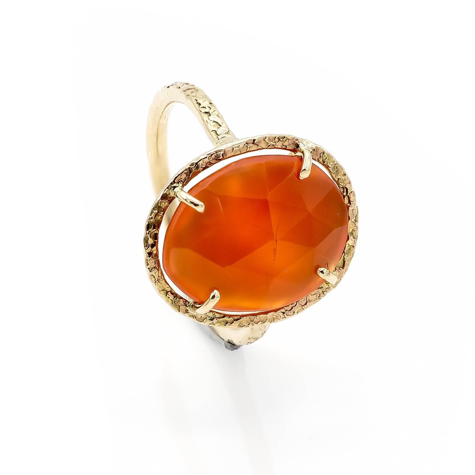 Rose Cut Carnelian Hammered Yellow Gold Ring 1