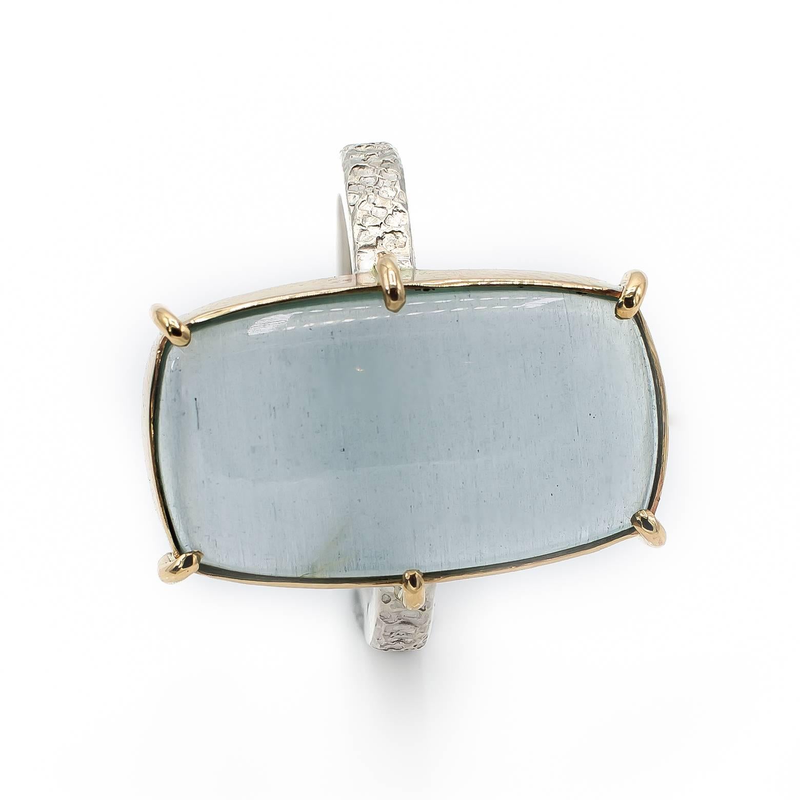 Cat's Eye Aquamarine Sterling Silver Yellow Gold Ring In Excellent Condition In Berkeley, CA