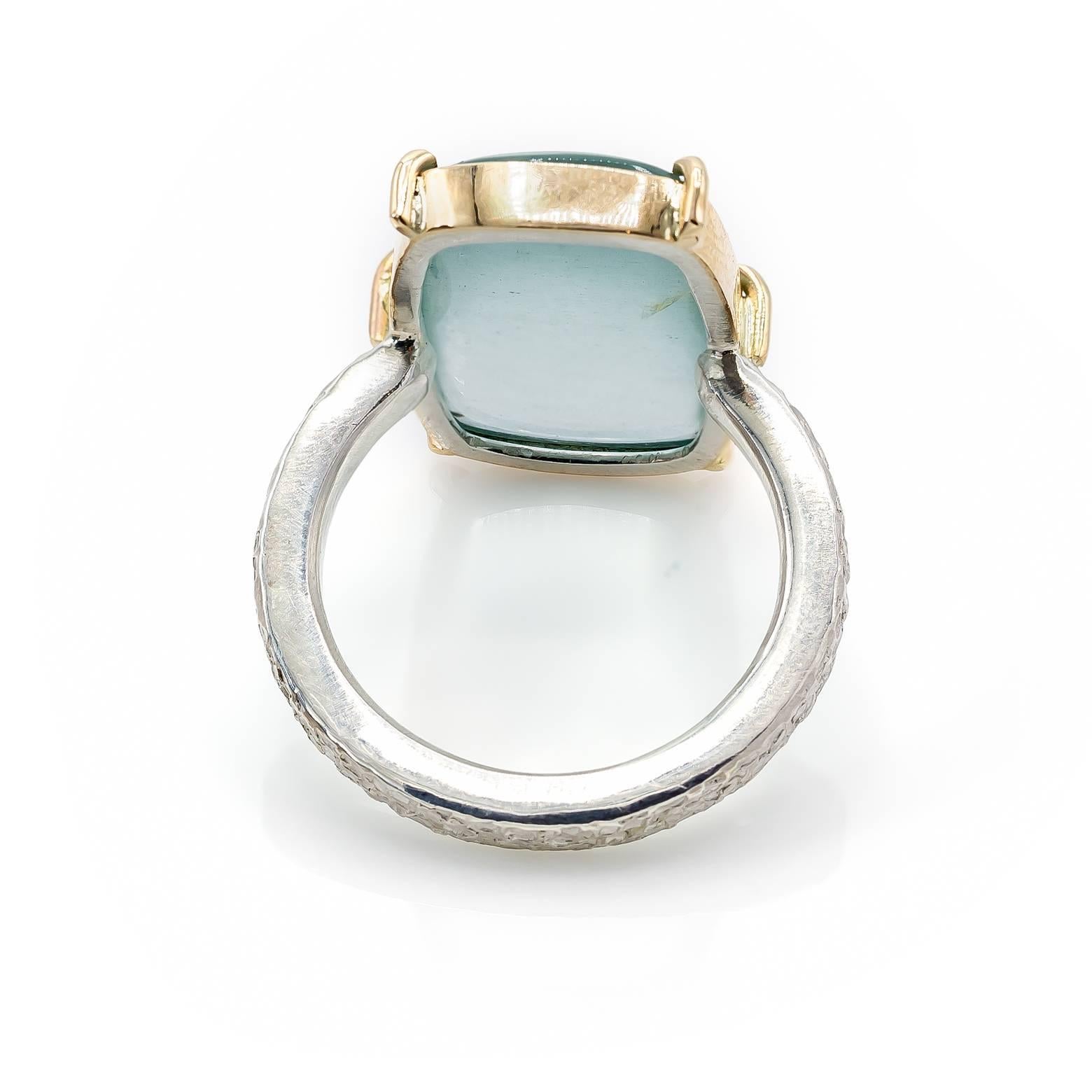 Women's or Men's Cat's Eye Aquamarine Sterling Silver Yellow Gold Ring