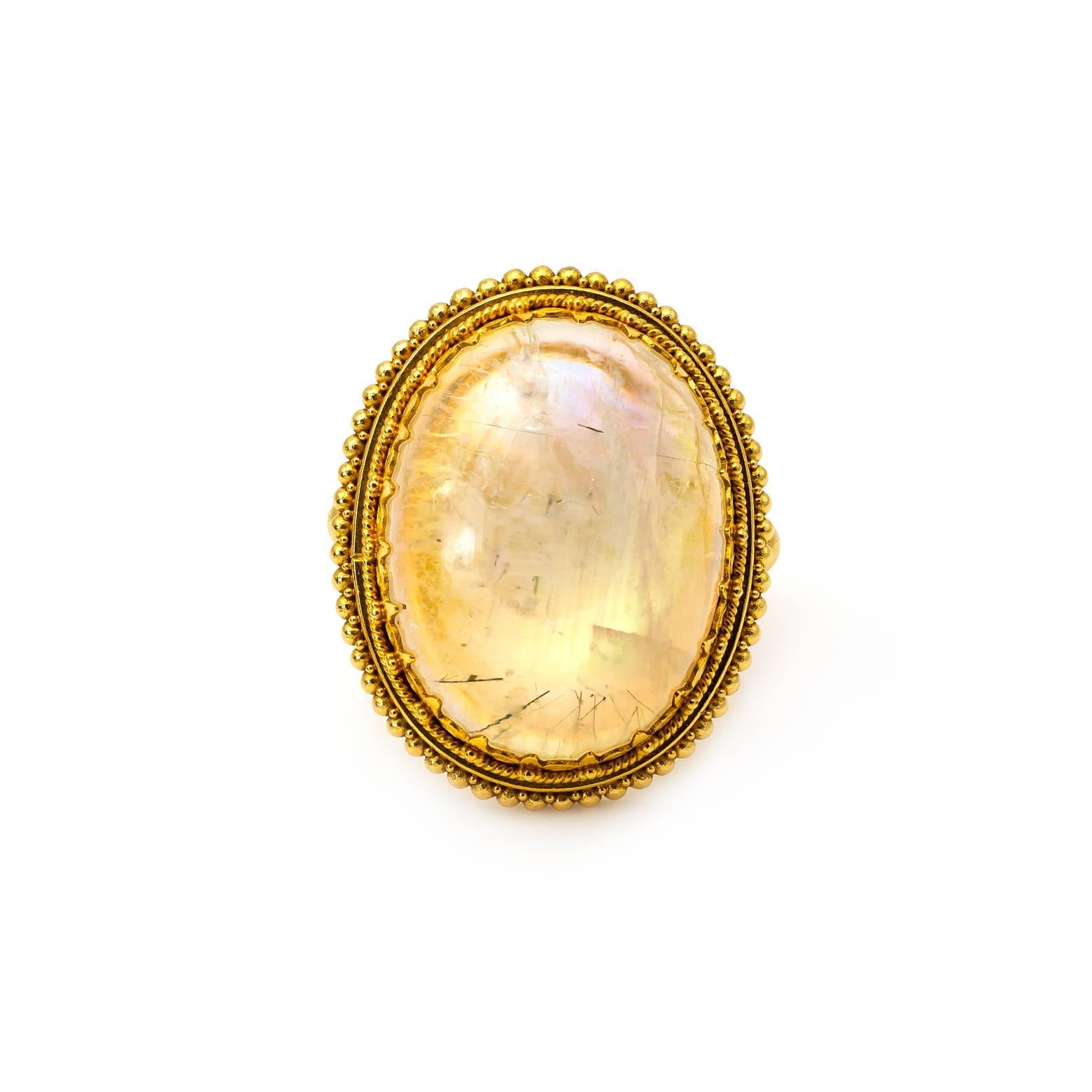Modern Rainbow Moonstone in a Ring 22k Yellow Gold Balinese 