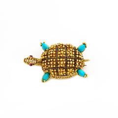 Turquoise Ruby Yellow Gold Turtle Pin Brooch